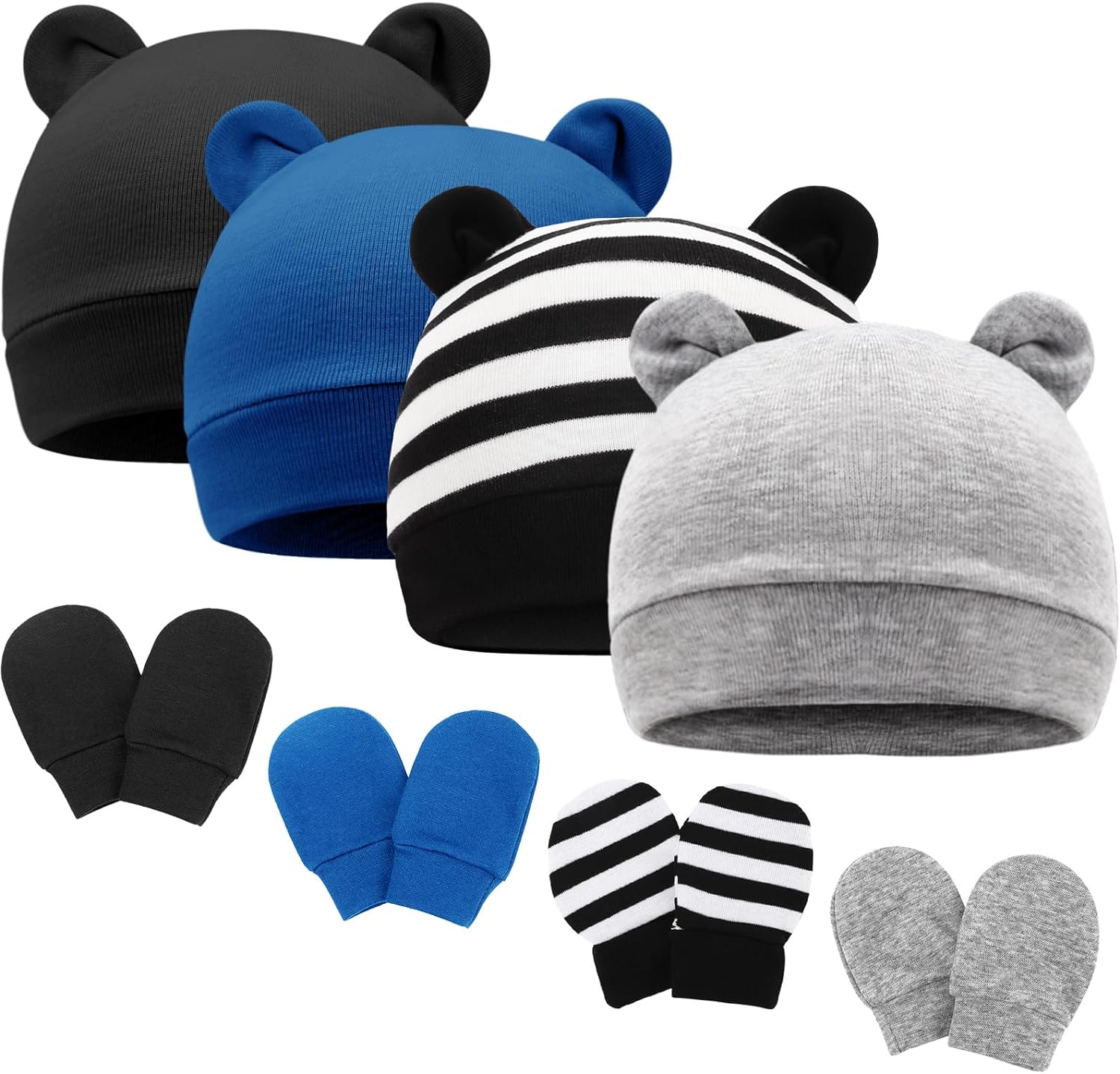 AQOKKA Newborn Baby Hat and Mittens Bear Ear Hats for Baby Boys Beanie Cotton Infant Toddler Caps Preemie for 0-3 Months