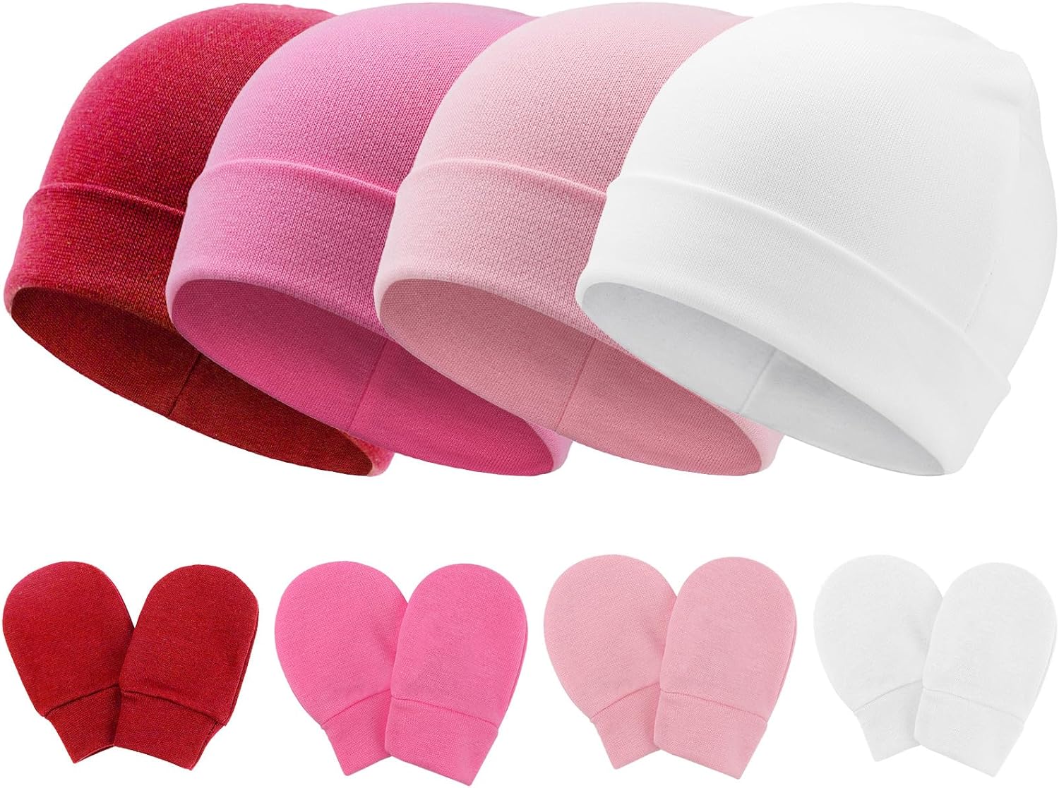 AQOKKA 4 Pieces Newborn Baby Hats and Mittens Baby Boys Girls Cotton Infant Toddler Caps Preemie for 0-6 Months