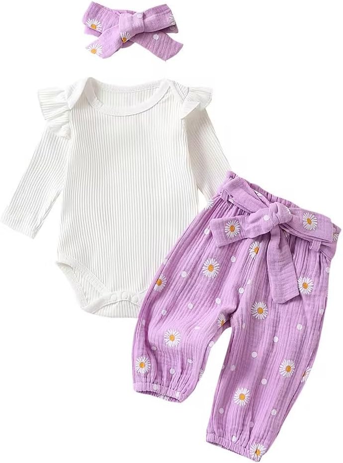 Sduydiosy Infant Baby Girl Winter Clothes Elephant Print Romper Crewneck Pullover Tops Bow Pants Headband Cute Newborn Outfit