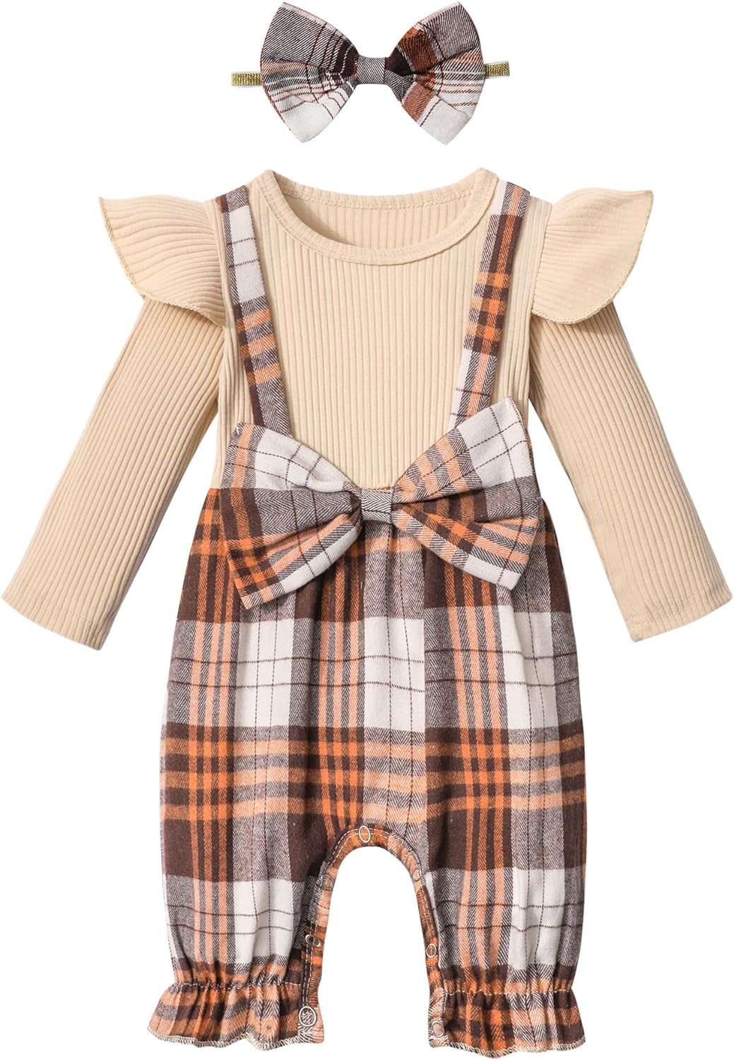 Queenstyle Newborn Baby Girl Clothes, Long Sleeve Ruffle Romper Jumpsuit Cute Infant Girl Fall Winter Outfits with Headband