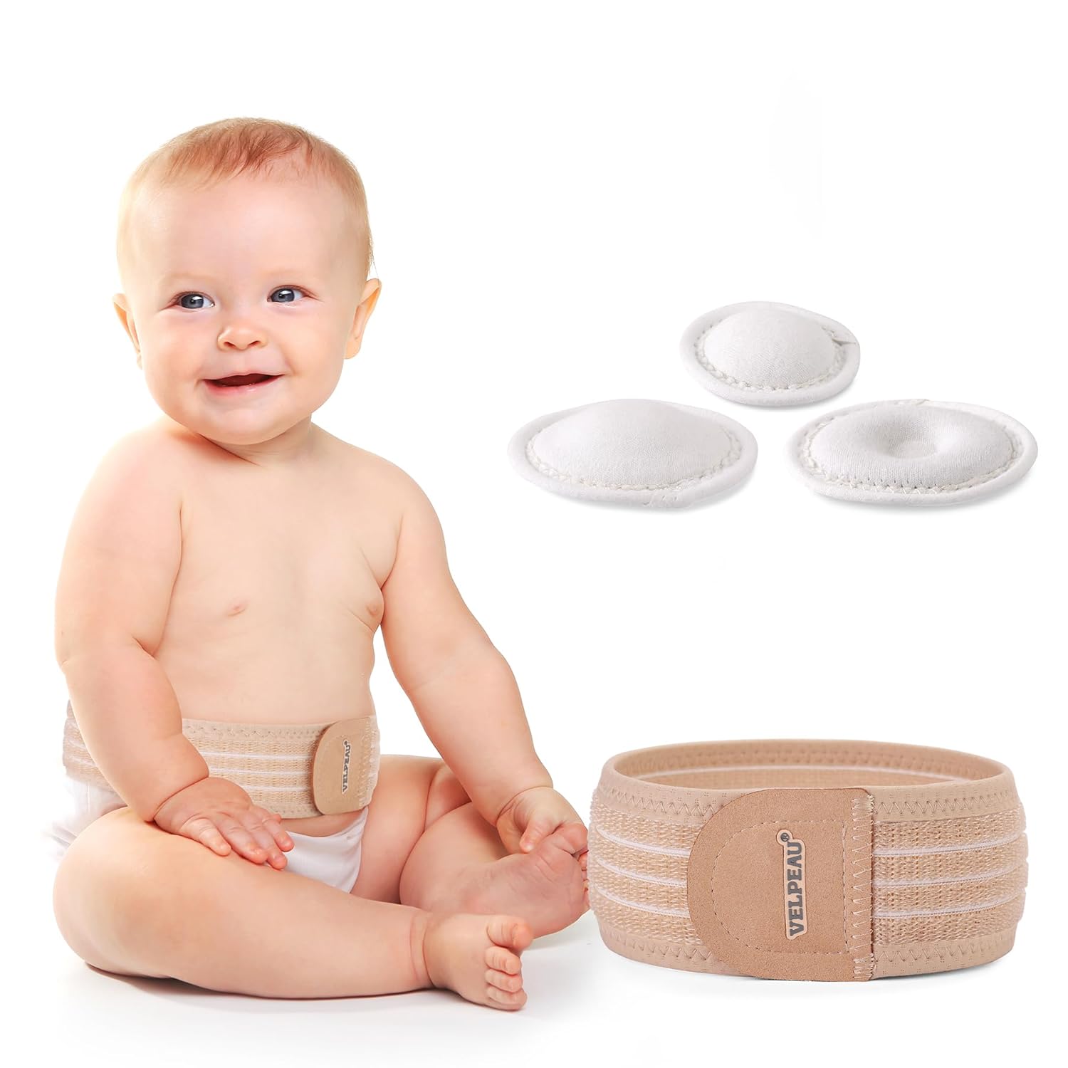 Velpeau Umbilical Hernia Belt Baby Belly Band, Button Wrap Truss Abdominal Binder for Infant, Children, Kids, Adjustable Support Belt with 3 Compression Pads, Beige, One Size