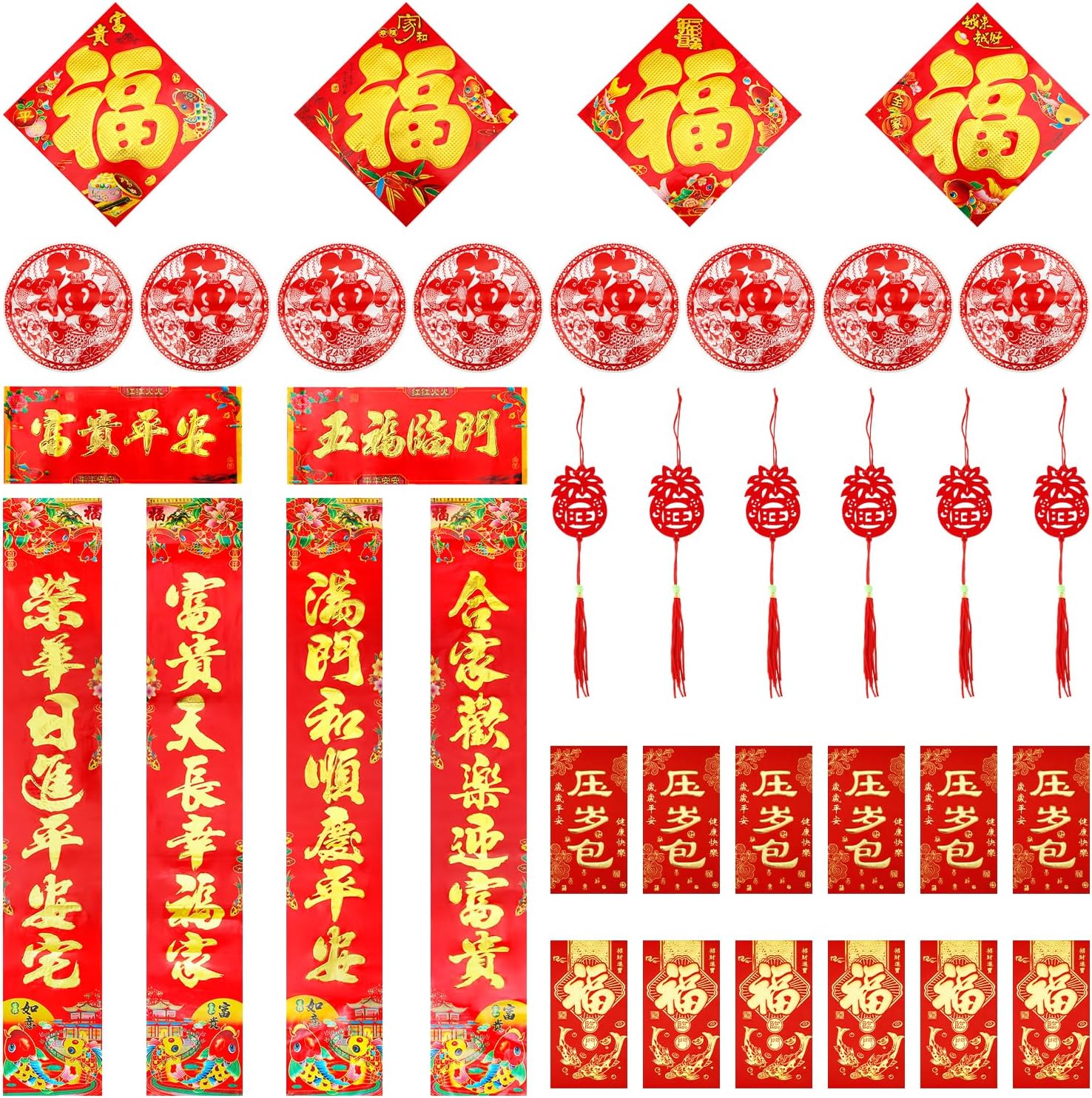 36pcs Chinese New Year Decorations, Chinese Spring Festival Couplets Set Red Paper Lucky Hanging Ornaments Chinese Fu Character Window Decor for Spring Festival Décor
