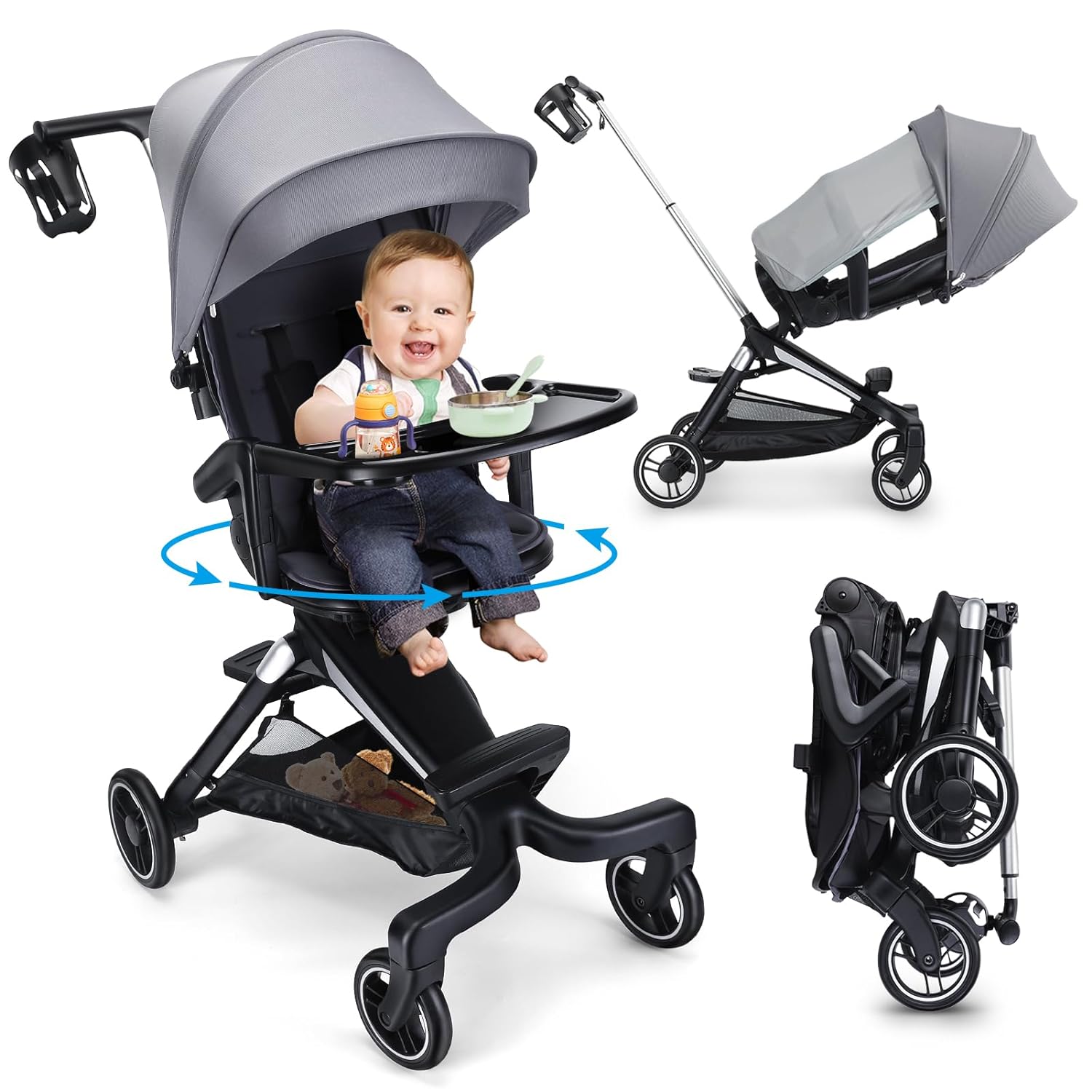 Lightweight Baby Stroller, zebrater Compact Travel Toddler Stroller with Tray and 360°Rotational Seat, One Hand Foldable Infant Trave for Airplane Toddler Stroller with Cup Holder & Bask-Grey
