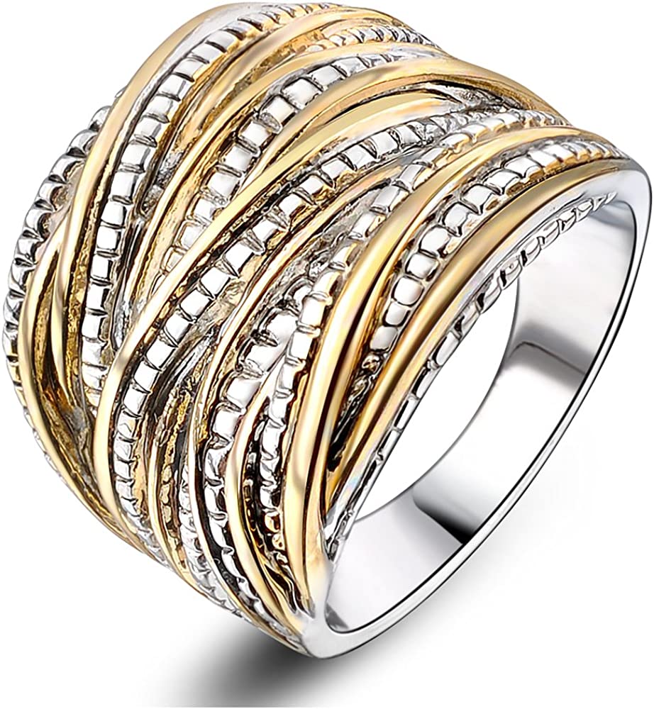 Mytys 2 Tone Intertwined Crossover Statement Ring Fashion Chunky Band Rings for Women Black Gold Silver Rose Gold Plated Wide Index Finger Rings Costume Jewelry
