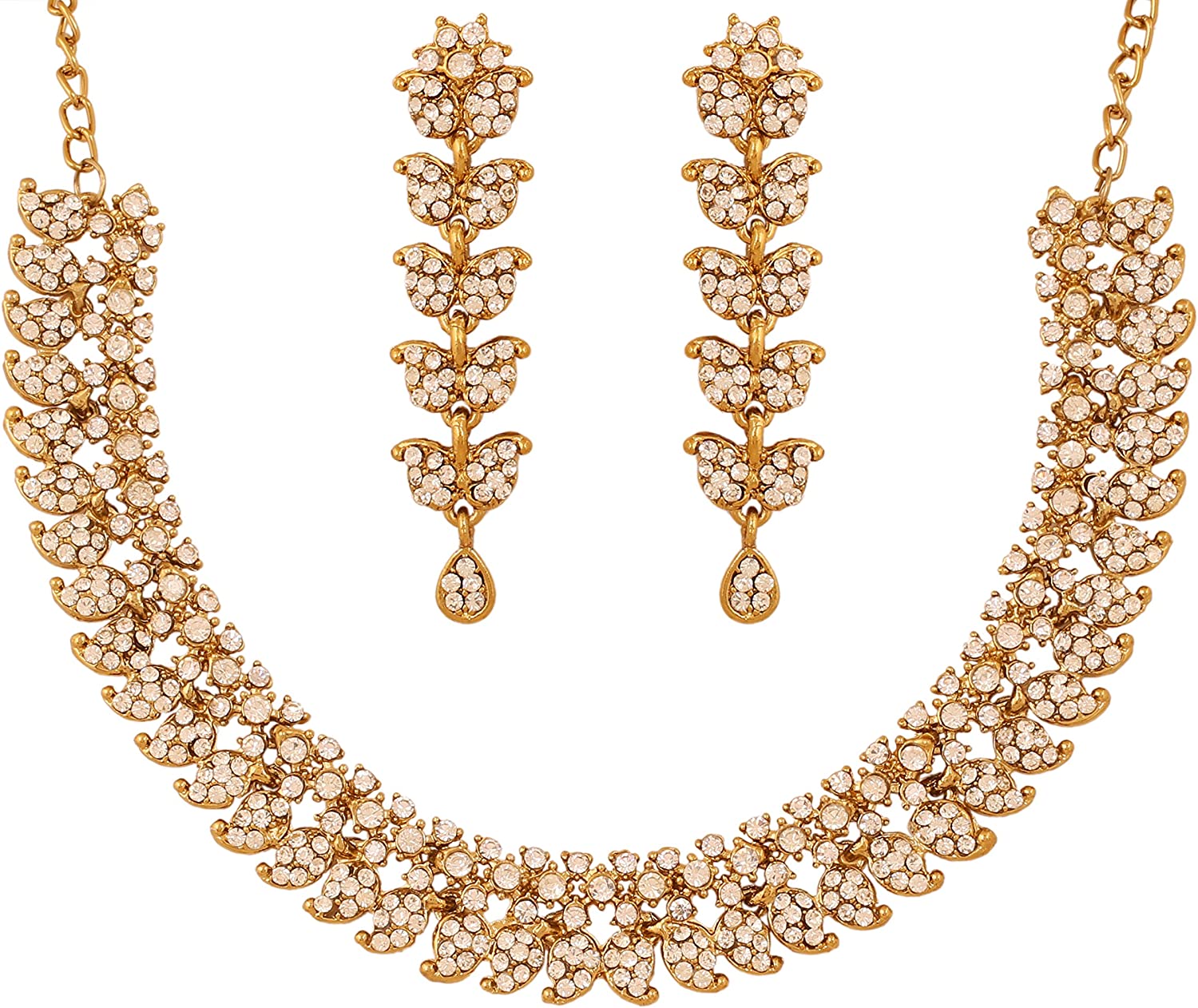 Touchstone Hollywood Glamour crystals rhinestones paisley motif grand jewelry necklace in antique gold or white tone for women