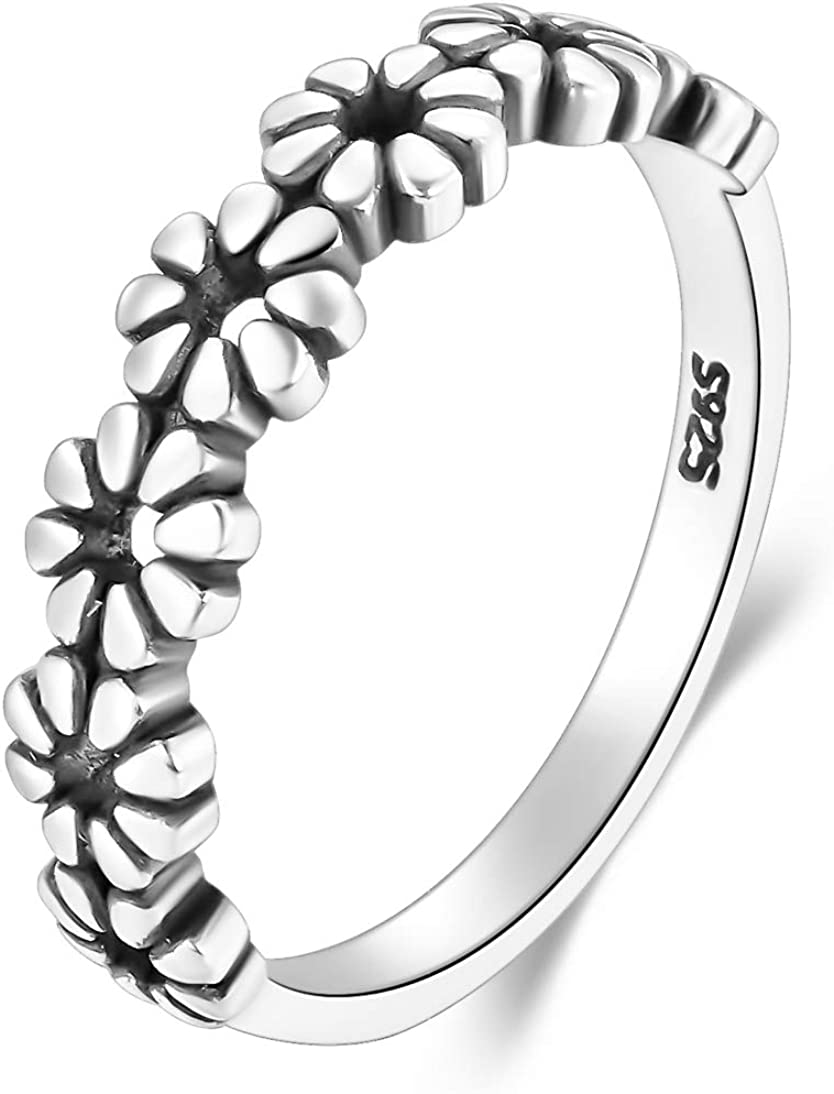 BORUO 925 Sterling Silver Ring, Daisy Flower Hawaiian High Polish Tarnish Resistant Comfort Fit Wedding Band Ring