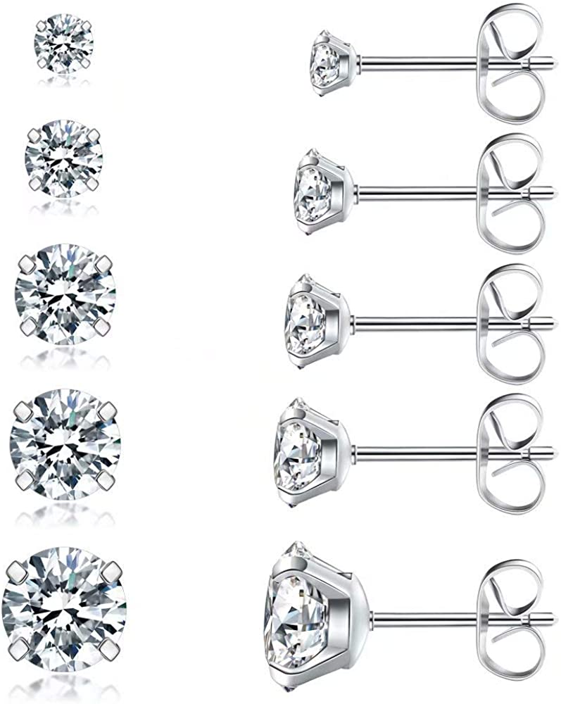 5 Pairs Stud Earrings Set, Hypoallergenic Cubic Zirconia 316L Earrings Stainless Steel CZ Earrings 3-8mm, Rose Gold