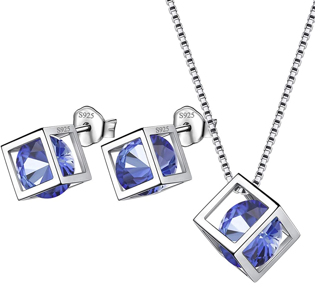 Birthstone Necklace/Earring 925 Sterling Silver Women Cross/3D Cube/Cresent Moon Birth Stone Jewelry Mens Birthday Gift Anniversary Present