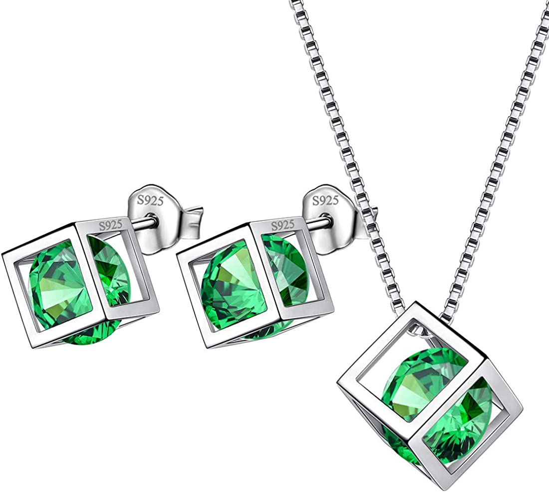 Birthstone Necklace/Earring 925 Sterling Silver Women Cross/3D Cube/Cresent Moon Birth Stone Jewelry Mens Birthday Gift Anniversary Present