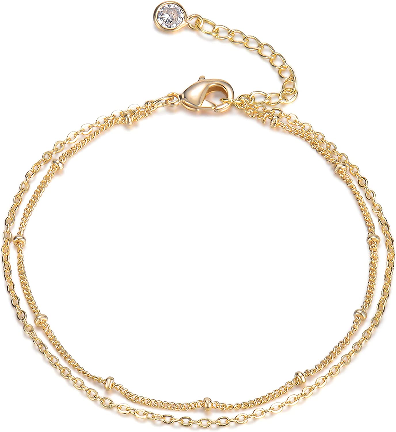 Women Dainty Anklet,14K Gold Plated Satellite Anklet Double Layered Cute Beads Chain Tassel Coin Disc Heart Summer Ankle Bracelet Boho Beach Foot Chain
