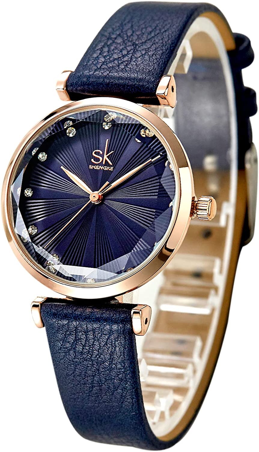 SHENGKE Watches for Women Wrist for Women Quartz Leather Strap Minimalist Formal Casual Women Watch Waterproof Black Ladies Watches with Gift Box