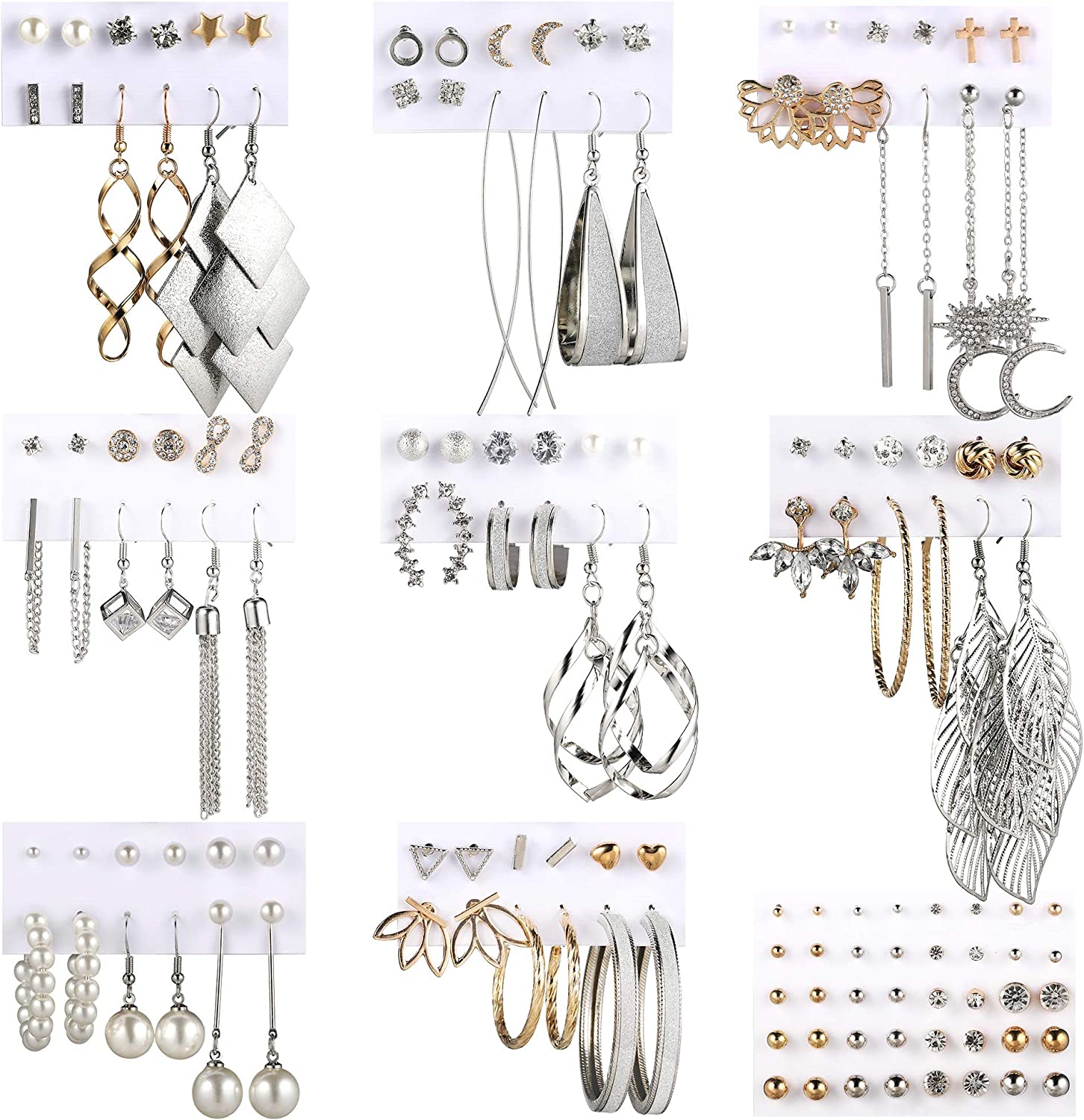 Fashion Earrings for Women Girls, Funtopia 68 Pairs Drop Dangle Earrings, Statement Stud Earrings Pearl Earrings Set for Party Jewelry Gift (Gold and Silver)