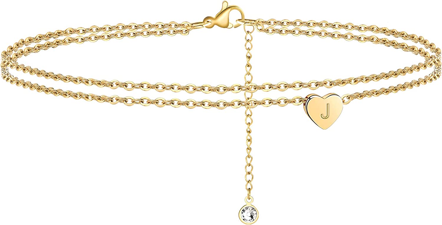 Turandoss Heart Initial Ankle Bracelets for Women, 14K Gold Filled Handmade Dainty Layered Anklet Letter Initial Heart Ankle Bracelets for Women Beach Jewelry Gifts