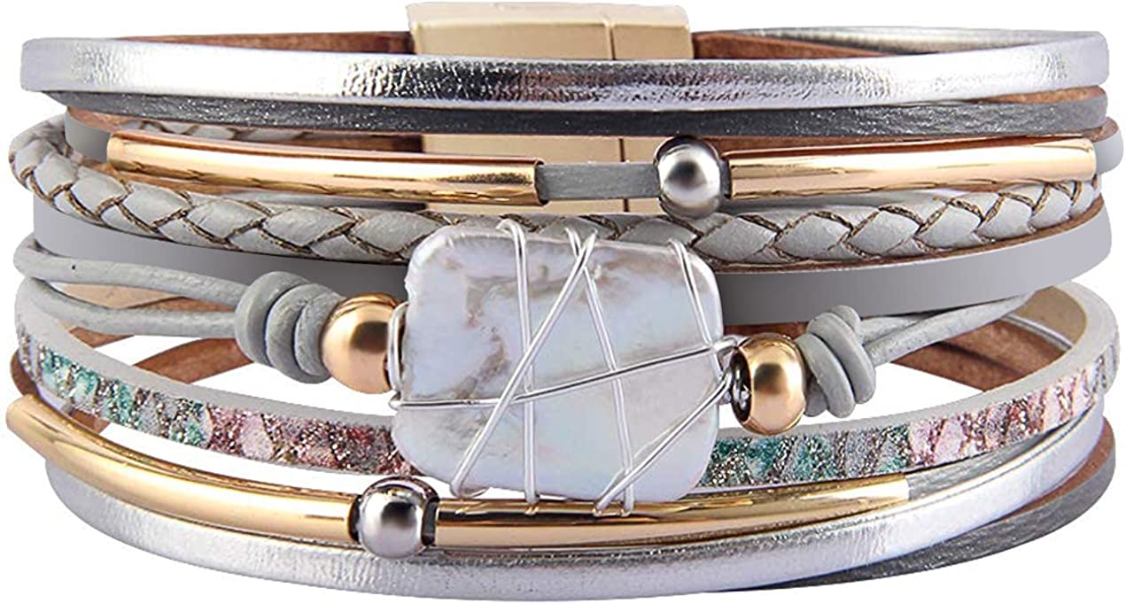 Fesciory Leopard Bracelet for Women, Boho Leather Wrap Multi-Layer Pearl Crystal Bracelet Bangle Jewelry