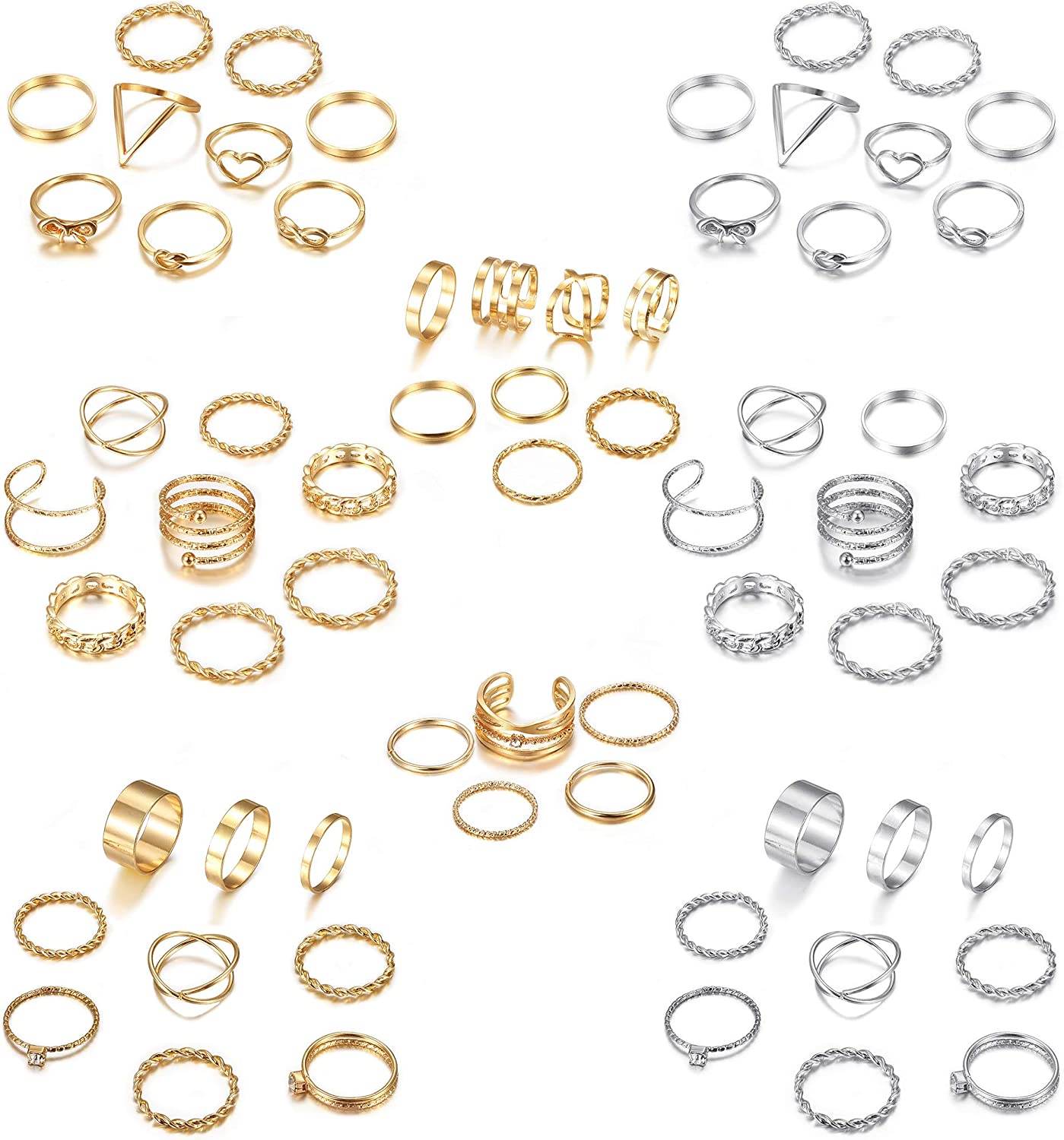 LOYALLOOK 65PCS Bohemian Knuckle Ring Midi Ring Set Hollow Silver Gold Vintage Stackable Rings Fashion Finger Knuckle Midi Rings for Women