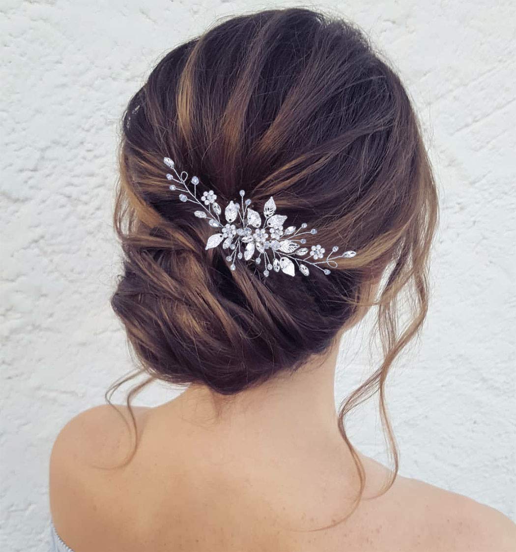 Jeairts Leaf Bride Wedding Hair Comb Rhinestone Pearl Bridal Hair Pieces Flower Wedding Headpiece for Brides Crystal Hair Accessories for Women and Girls (1-Silver)
