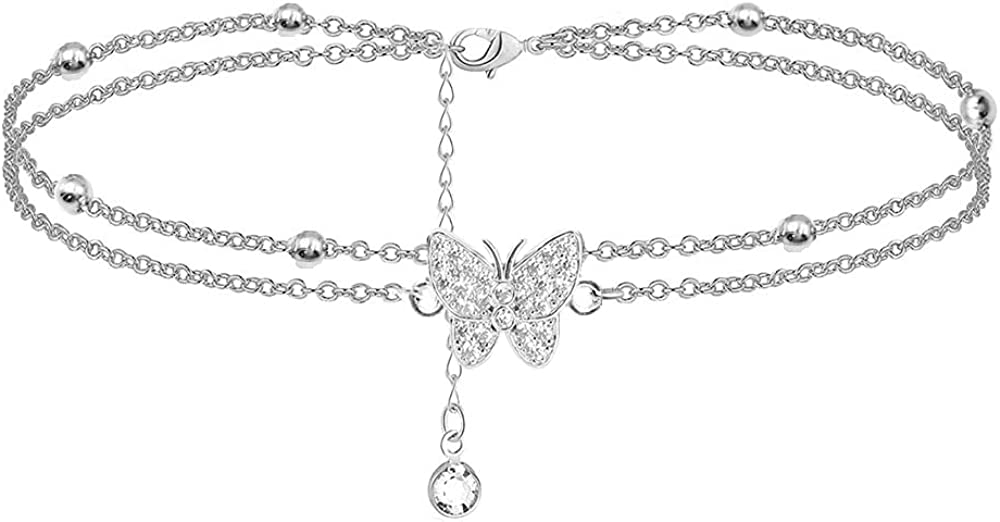 14K Butterfly Silver anklets for Women - Adjustable Layered Women's anklets - Jewelry Anklet Gifts for Women Teen Girls