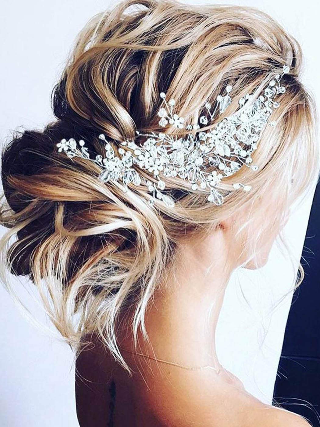 Unicra Bride Flower Wedding Hair Vine Crystal Bridal Hair Piece Rhinestone Party Hair Accessories Leaf Hair Jewelry Bead Headpiece for Women and Girls (Silver)