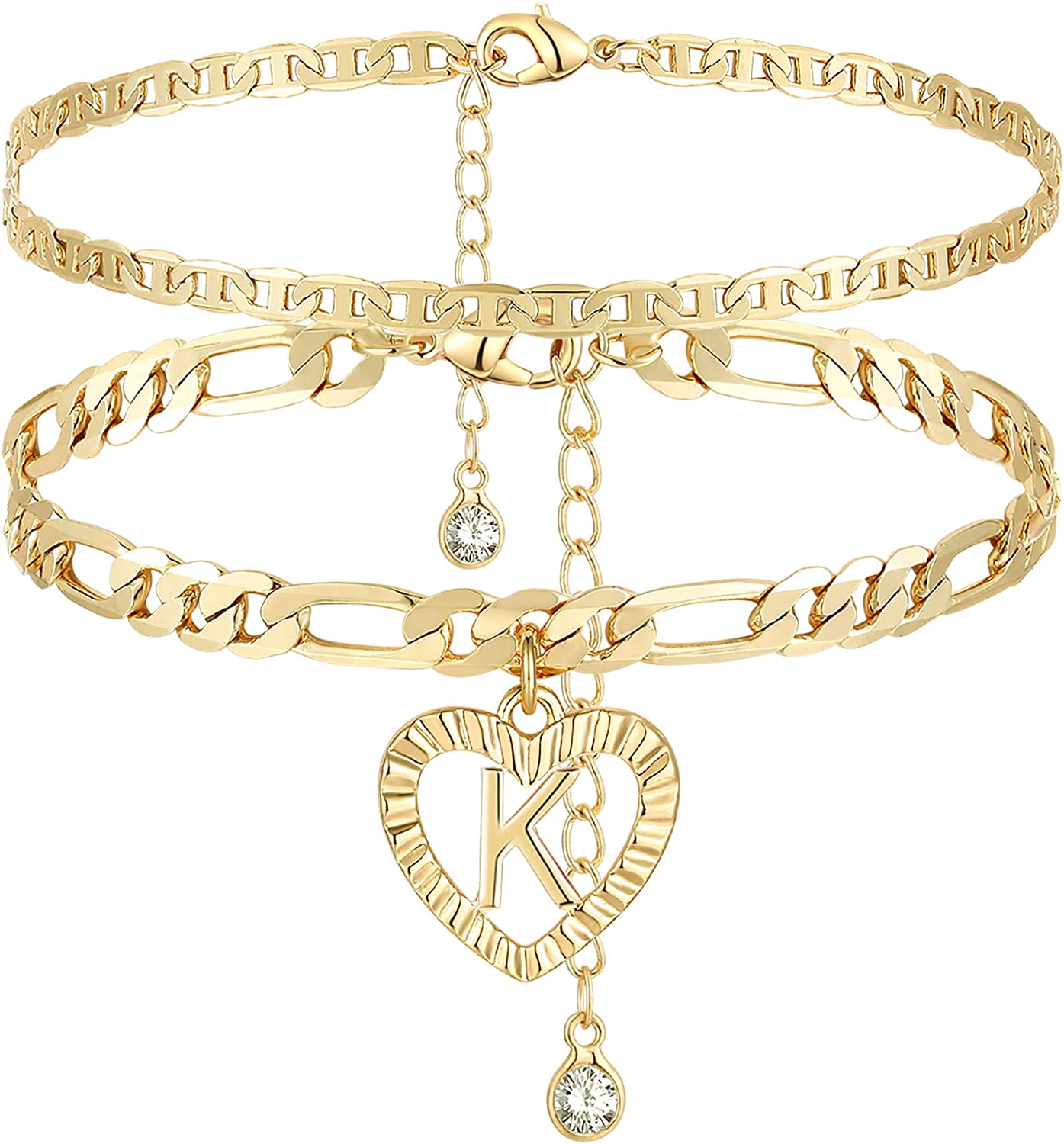 YANODA Initial Ankle Bracelets for Women 14K Gold Plated Layered Figaro Chain Letter Initial Anklets Handmade Layered Heart Ankle Bracelets Personalized Gifts for Women Teen Girls