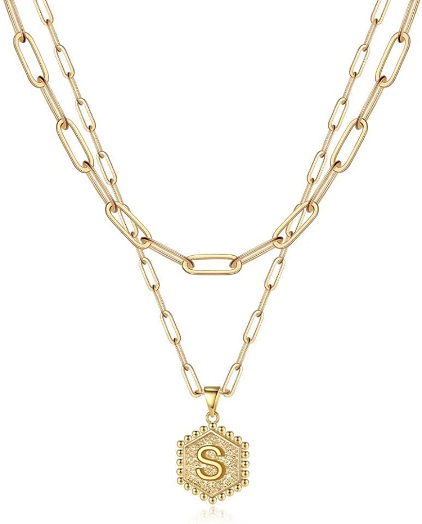 Dainty Layered Initial Necklaces for Women, 14K Gold Plated Paperclip Chain Necklace Simple Cute Hexagon Letter Pendant Initial Choker Necklace Gold Layered Necklaces for Women