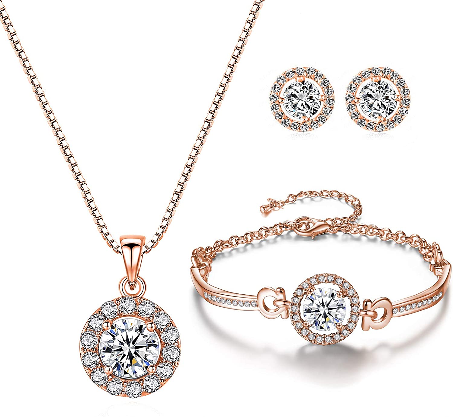 YooAi Jewellery Set Heart Pendant Necklace and Earrings Set Cubic Zirconia Jewellery for Women