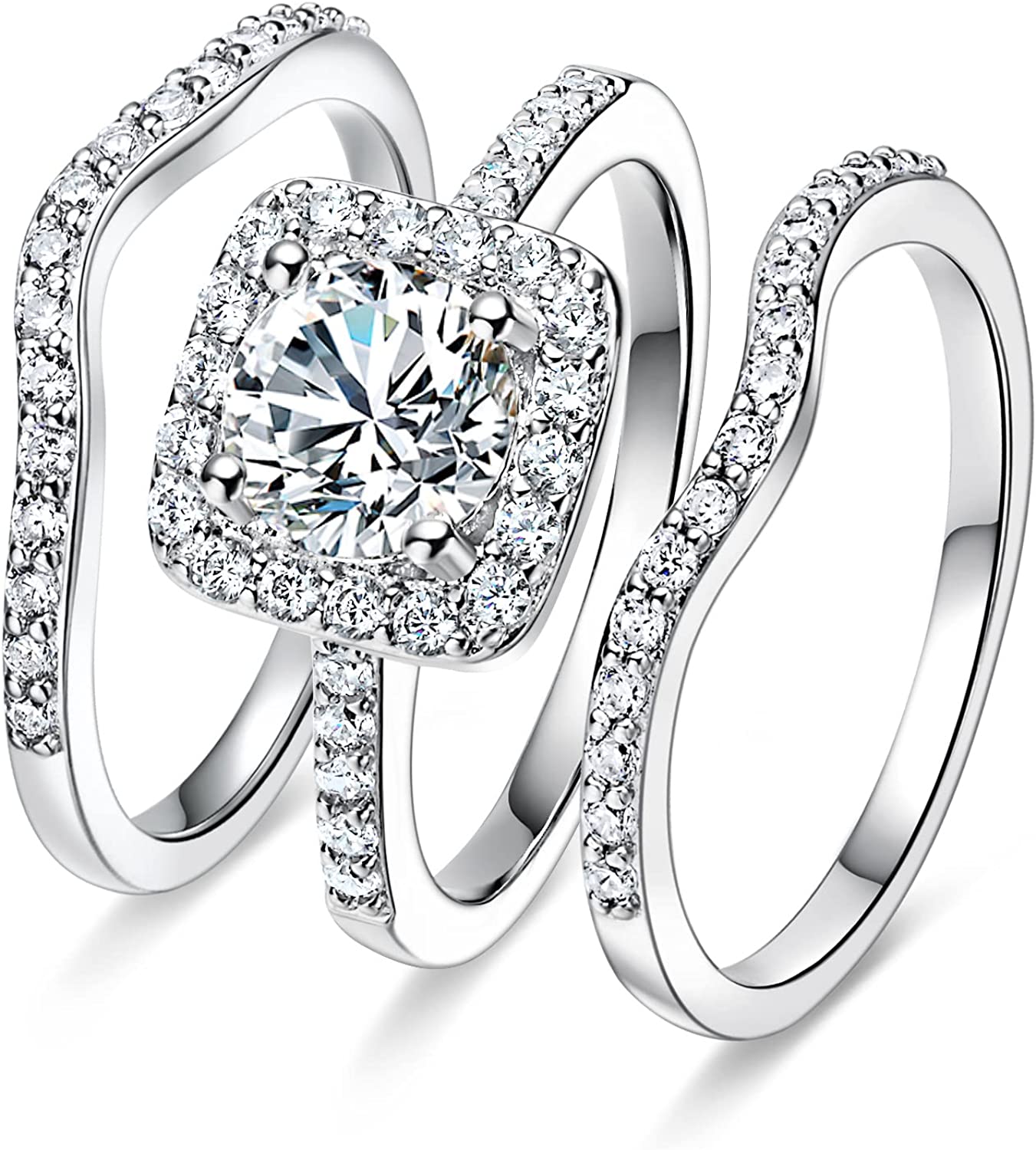 MDFUN 18K White Gold Plated Cubic Zirconia Three-in-One Halo Wedding Engagement Promise Eternity Ring for Women