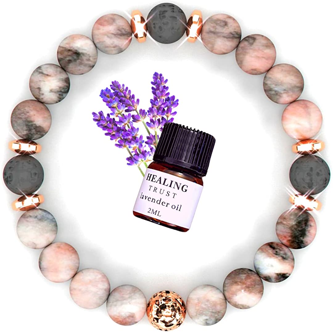 [Healing Trust] Lava Rock Bracelet with Lavender Essential Oil, Pink Zebra Jasper Essential Oil Diffuser Bracelet, Yoga Mediation Bracelet Stone Diffuser, Relaxing Aromatherapy Diffuser Bracelet, Pink