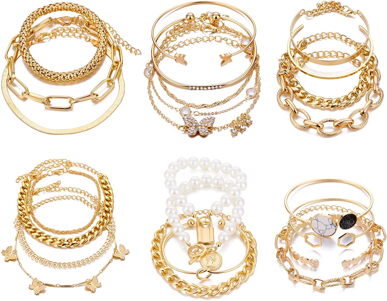 IFKM 6 PACK (24 PCS) Boho Gold Chain Bracelets Set for Women Girls, 14K Gold Plated Multiple Layered Stackable Open Cuff Wrap Bangle Adjustable Link Italian Cuban Jewelry for Women Girls Gift…