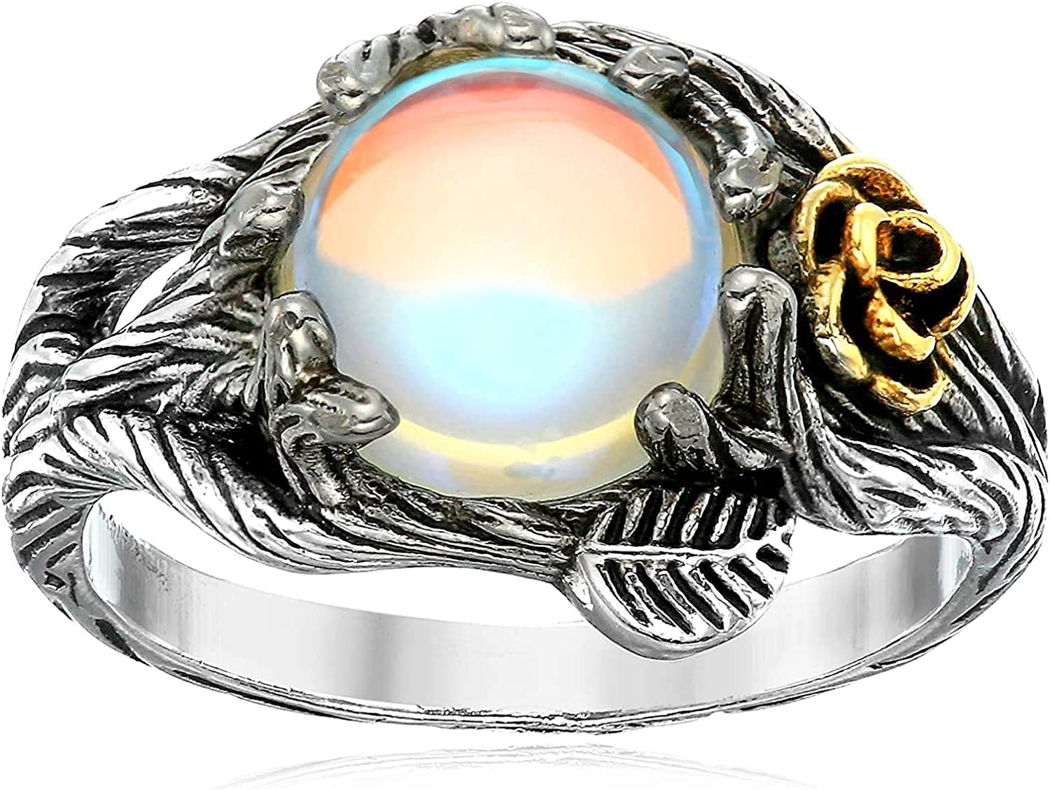 JESMING Rose Moonstone Ring Moon Ring 925 Cute Sterling Silver Rings Leaf Ring Wiccan Jewelry Rose Flower Ring Witchy Jewelry Healing Crystals Ring Antique Rings Moon Stones Ring for Women