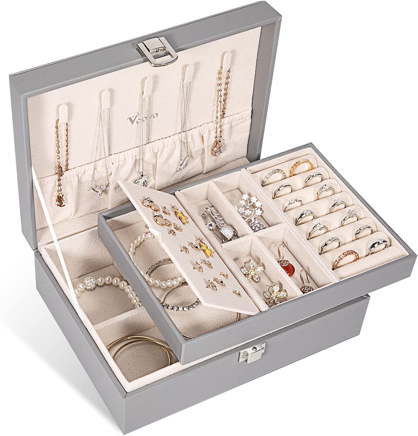 Voova Jewelry Box Organizer for Women Girls, 2 Layer Large Men Jewelry Storage Case, PU Leather Display Jewellery Holder with Removable Tray for Necklace Earrings Rings Bracelets, Vintage Gift,Grey