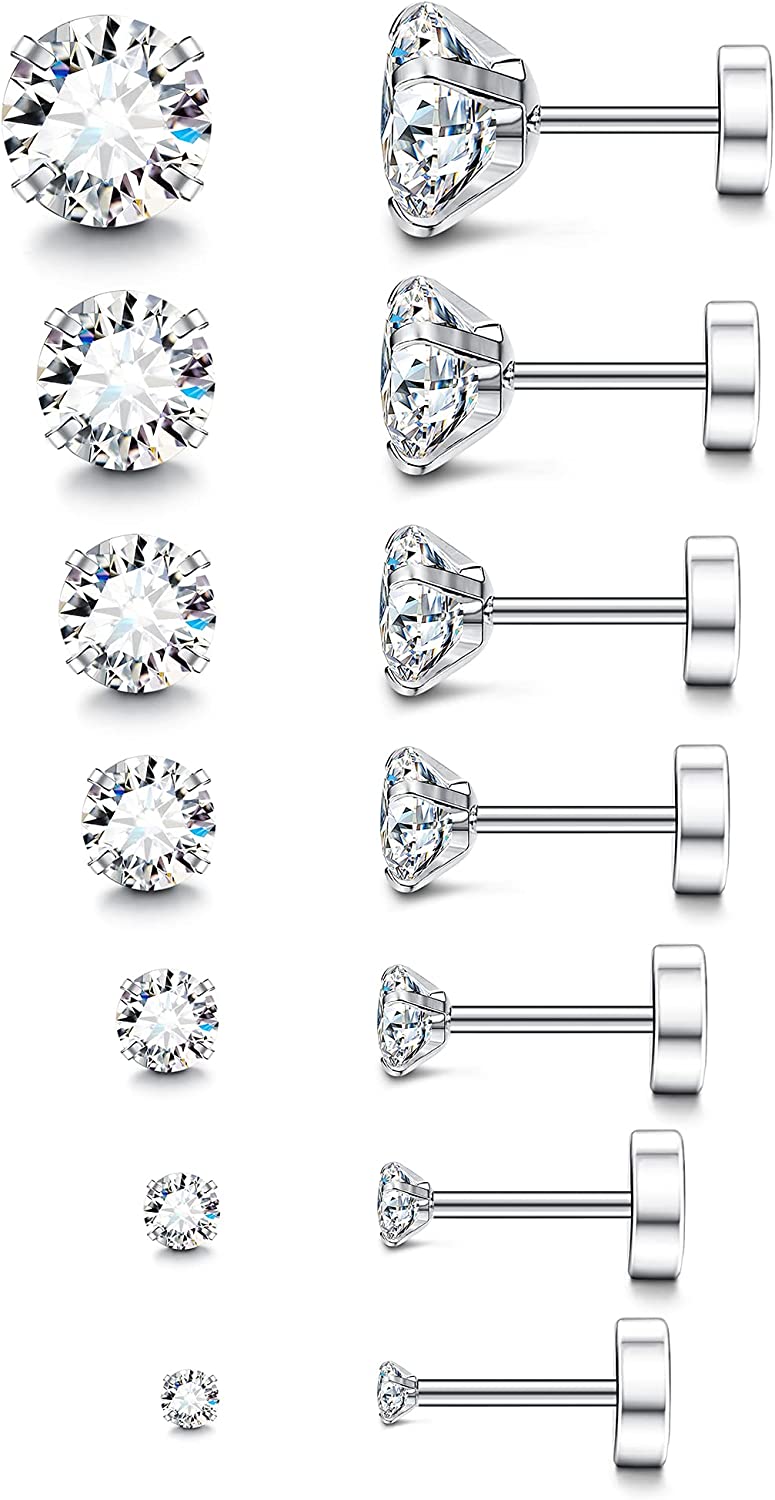 Fansilver 7-12Pairs 20G Hypoallergenic Brithstone Stud Earrings for Women Men Flatback Earrings Stainless Steel Cubic Zirconia Earrings Piercing Ear Cartilage