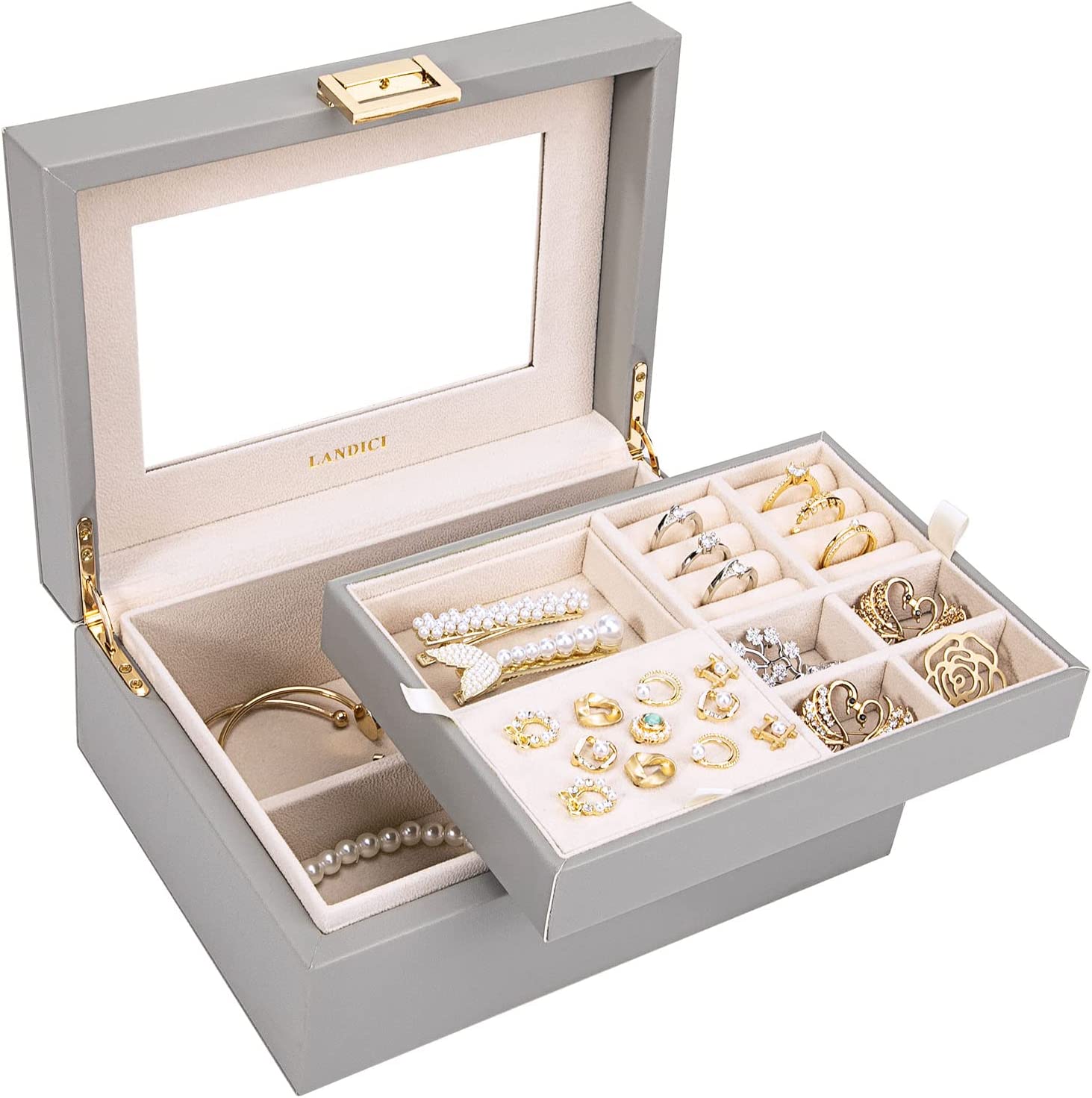 LANDICI Jewelry Organizer Box for Women Teen Girls,Large Jewelry Storage Case with Mirror,2 Layer Removable Stackable Tray,Leather Jewellery Display Holder for Ring Necklace Earring Bracelets,Grey