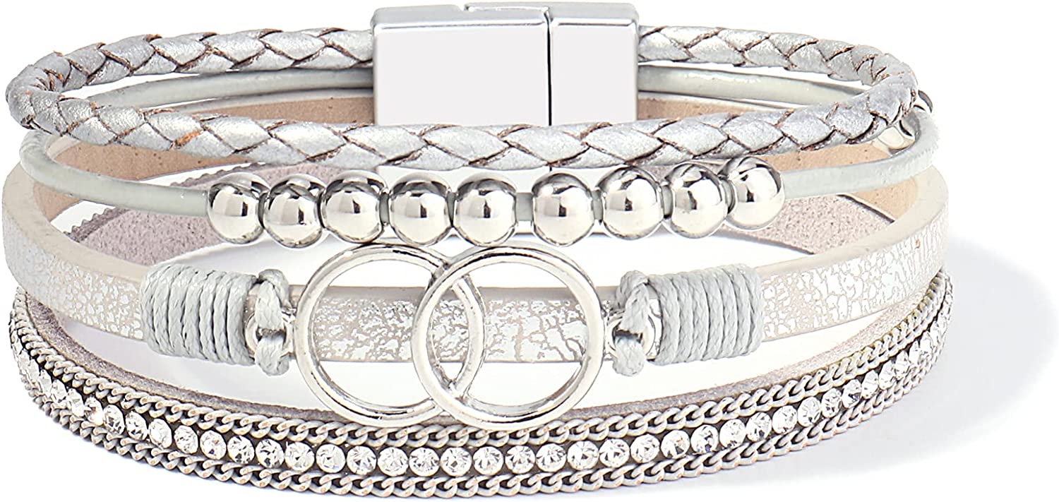 FANCY SHINY Boho Wrap Bracelets Leather Cuff Bangle Gold Beaded Bracelets for Women Stackable Infinity Bracelets Jewelry with Clasp