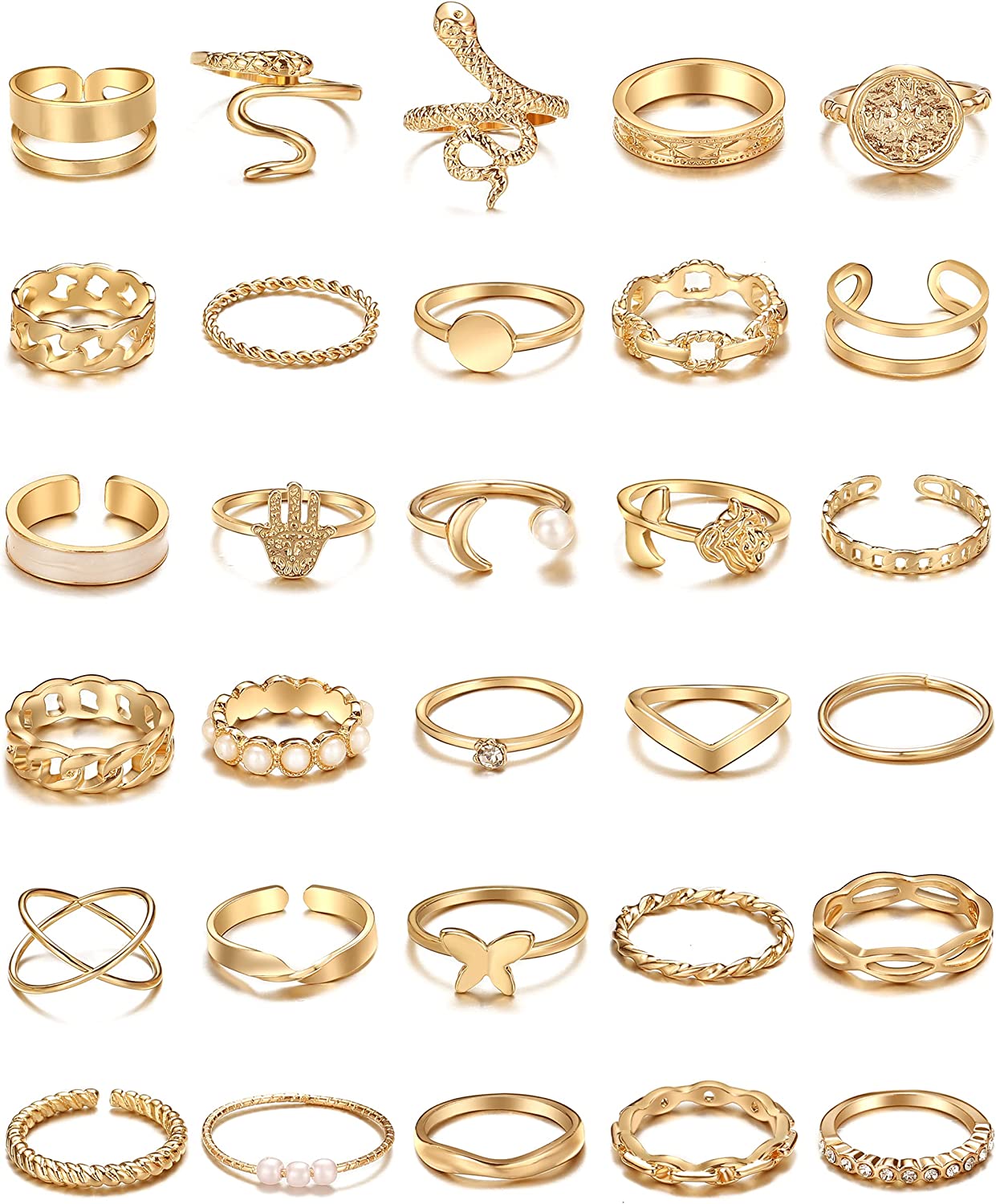 iF YOU 30 Pcs Vintage Gold Knuckle Rings Set, Boho Butterfly Snake Stackable Finger Rings for Women Girls, Silver Midi Rings Pack