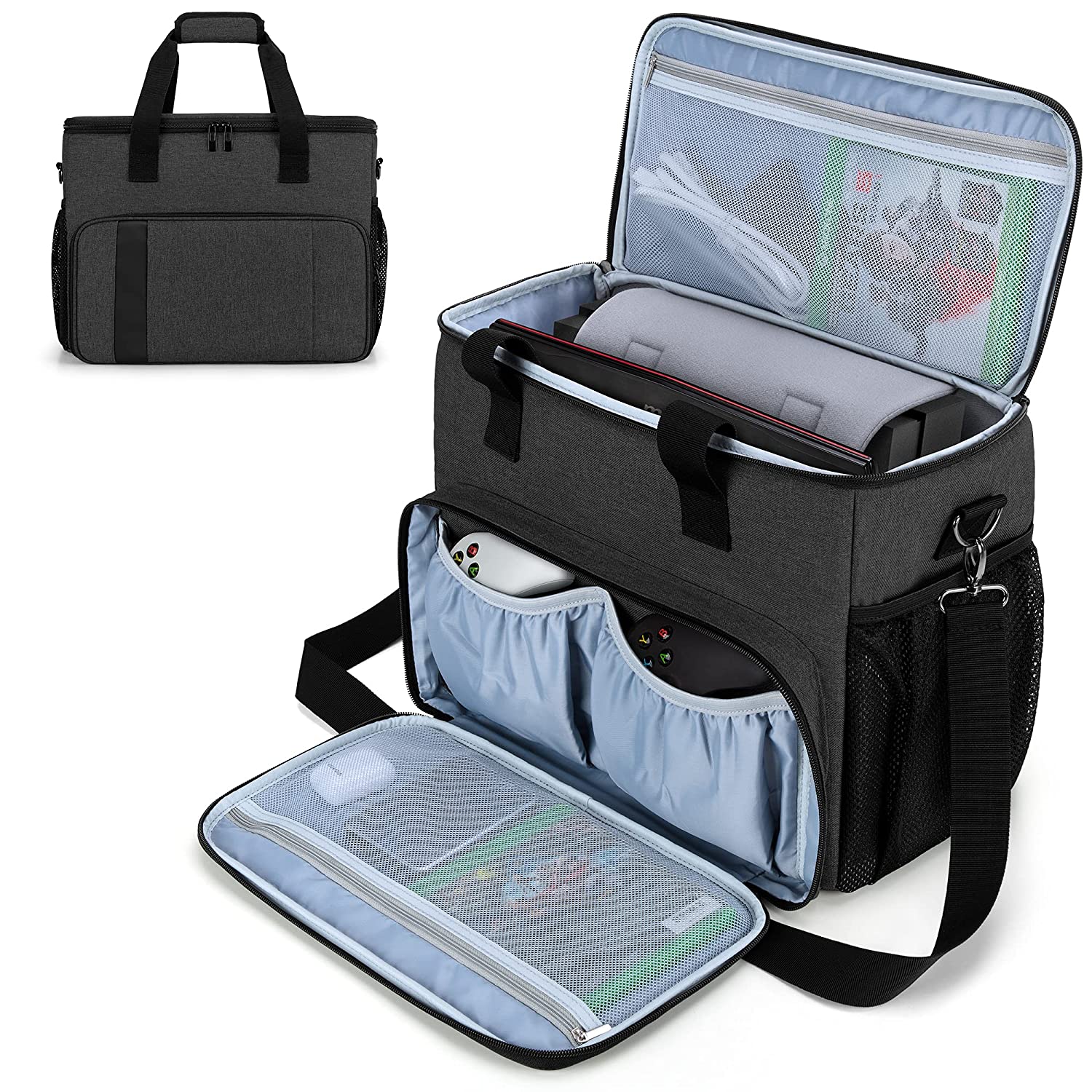 CURMIO Travel Carrying Case Compatible with PS5, PS4, PS4 Pro / Xbox Series S, Xbox One, One S, One X and Xbox 360, Game Storage Bag for Console, Controller and Accessories, Black (Bag Only, Patented 