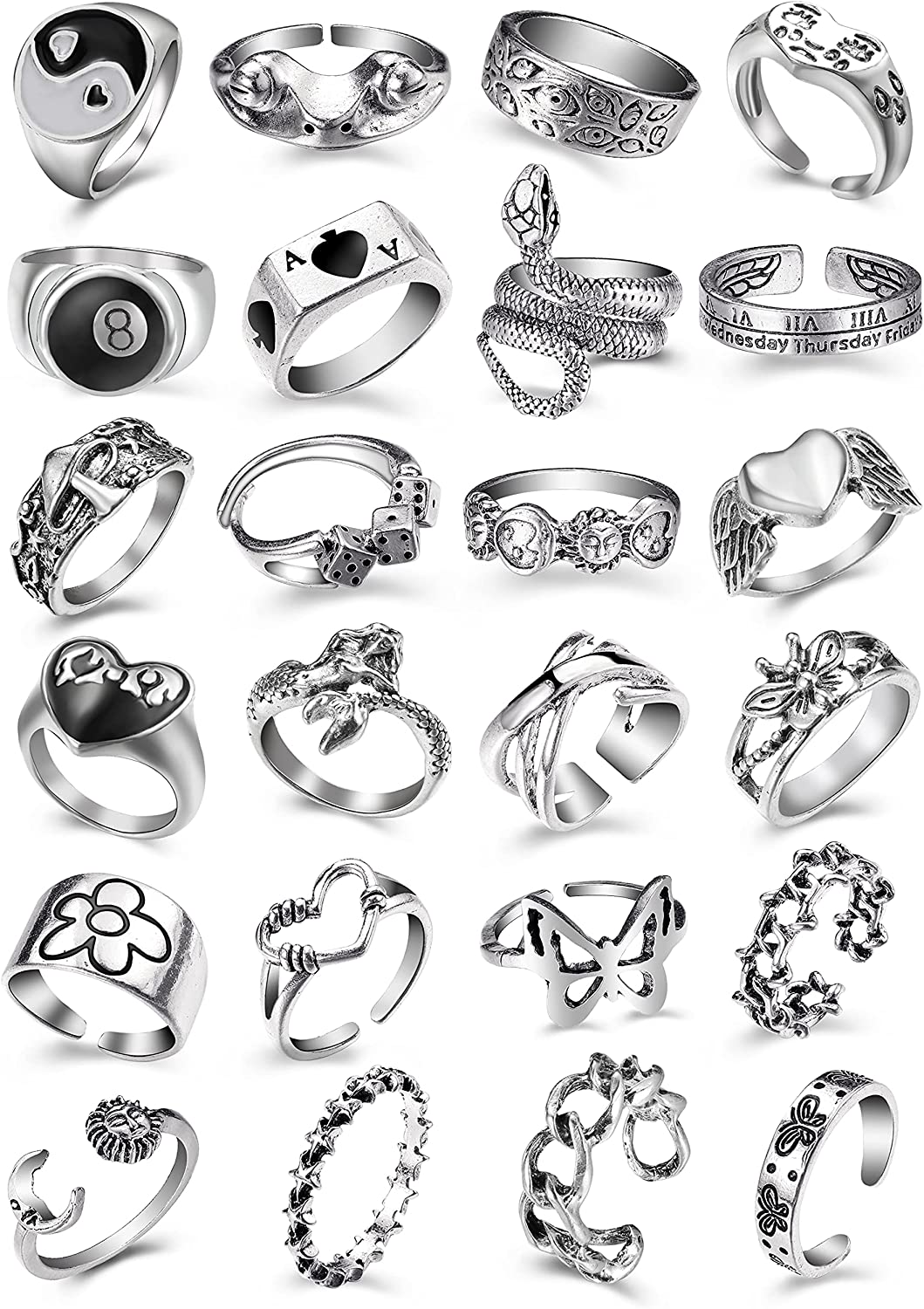 Vintage Silver Open Punk Rings for Men Women, 24PCS Adjustable Rings, Alt Rings, Chunky Silver Rings, Bulky Rings, Hippie Rings ,Cool Gothic Ring,Statement Stacking Ring, Skull Snake Star Flower Heart
