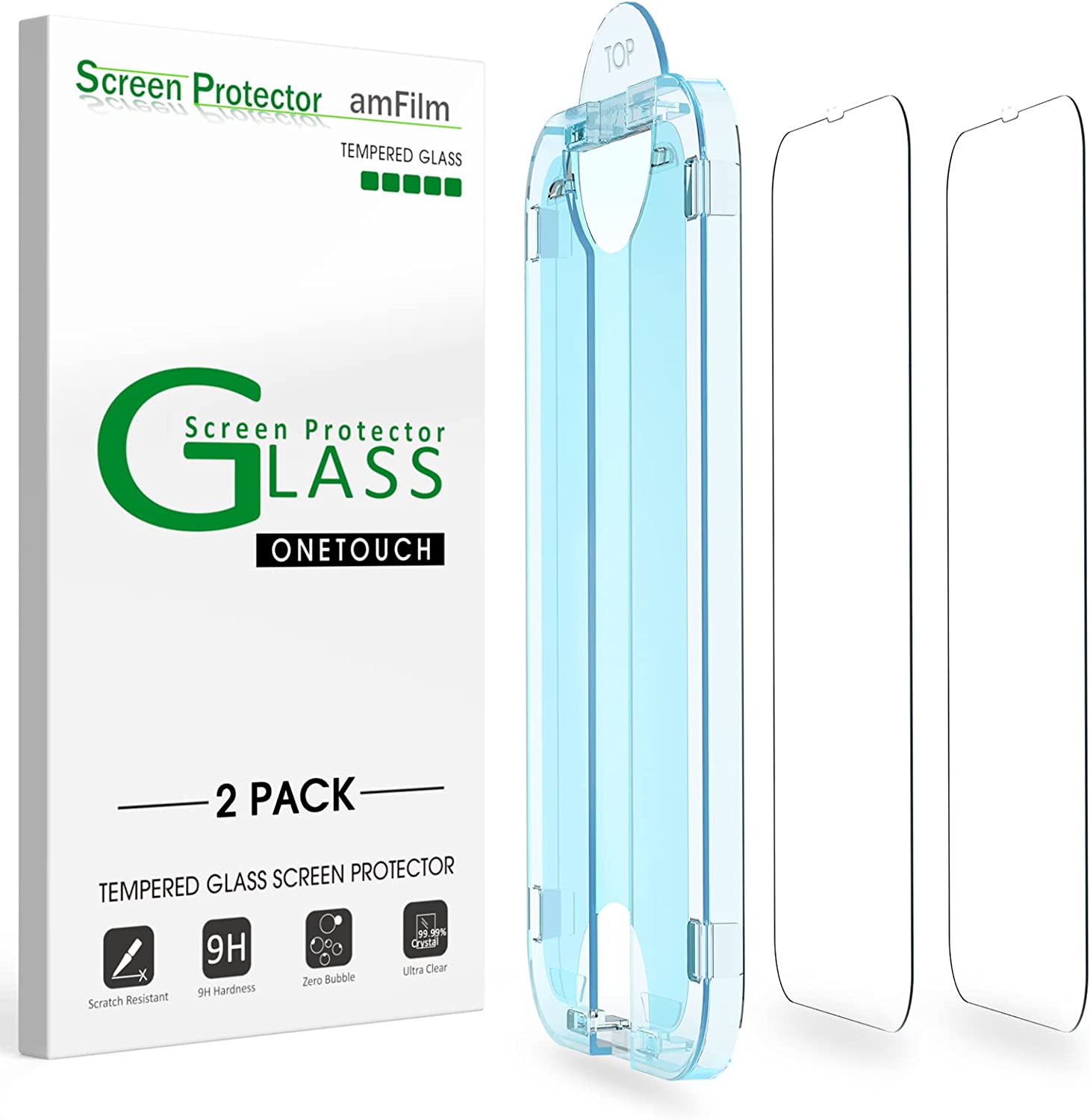 amFilm Screen Protector OneTouch Compatible with iPhone 13 6.1" and iPhone 13 Pro 6.1"  with Easy Installation Kit, Full Coverage Case Friendly, Tempered Glass, 2 Pack