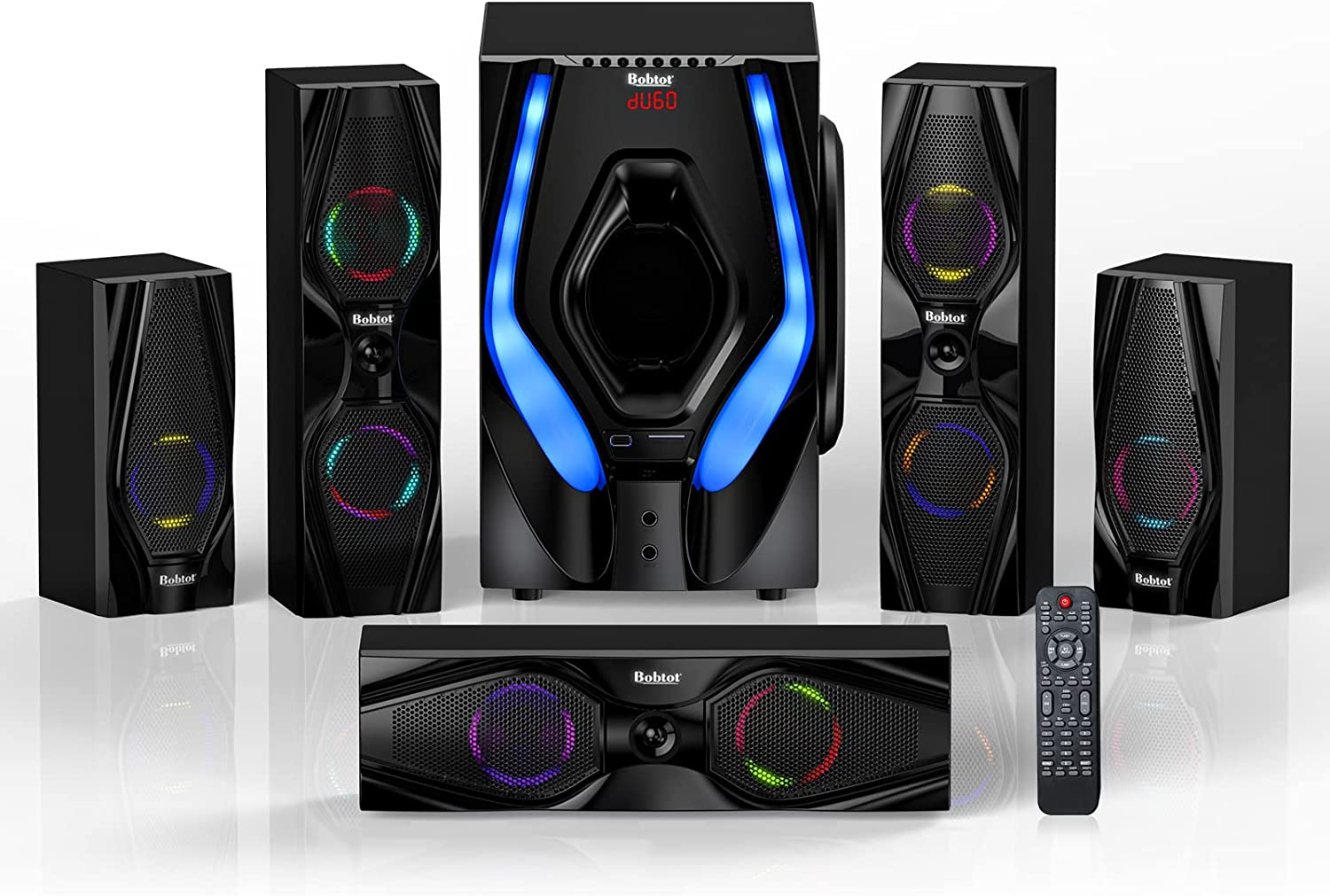 Bobtot 5.1 Surround Sound Speakers Home Theater System - 10 inch Subwoofer 1200W 5.1/2.1 Channel Stereo Bluetooth Input Home Audio System for 4K TV Ultra HD AV DVD FM Radio USB with LED Display