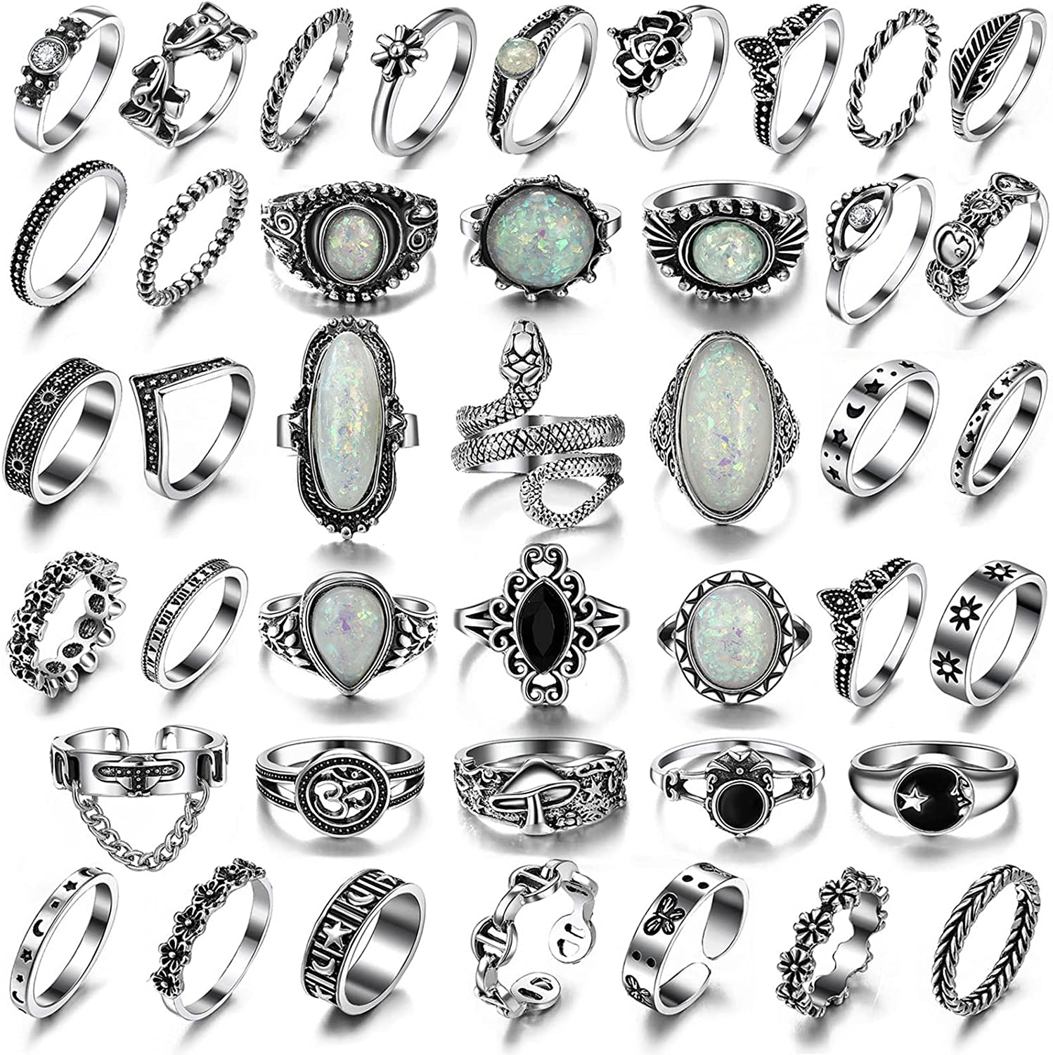 Vintage Silver Knuckle Rings Set for Women Men, Chunky Rings Aesthetic Snake Grunge Stackable Gothic Ring Adjustable Y2K Punk Bulky Boho Finger Alt of Rings, Stacking Fairy Skull Frog Heart Star Flowe