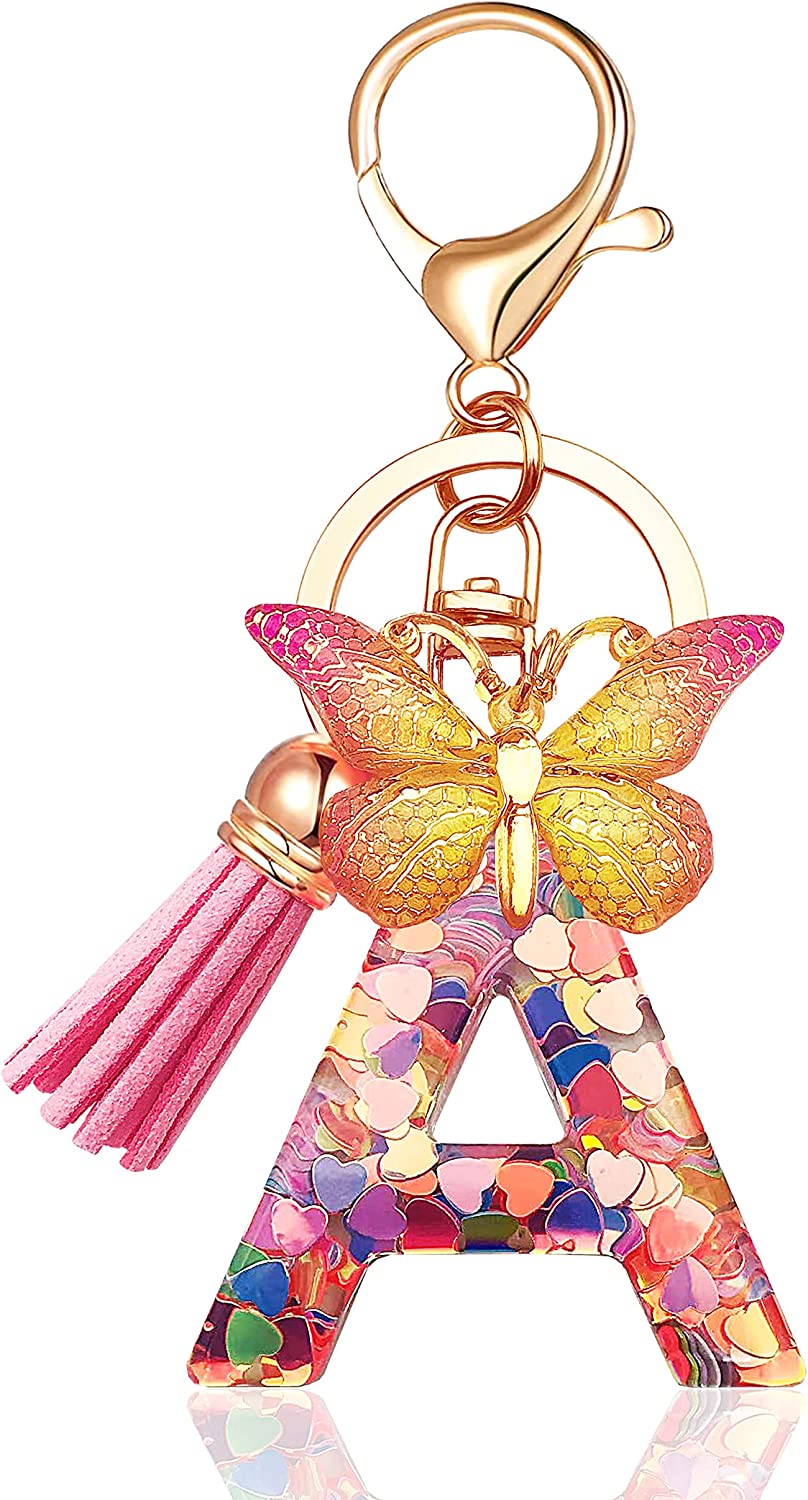 JINGUAZI Initial letter Keychains for Women Tassel Butterfly Pink Purple Cute Car Keychain for Wallet Purses Backpack