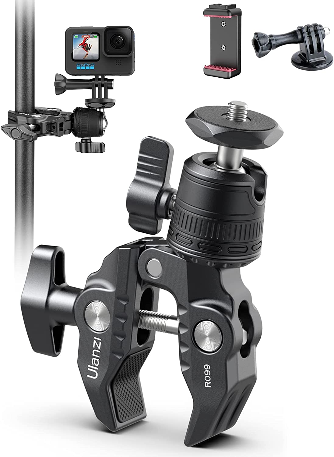 Camera Clamp Mount Accessories for Gopro - ULANZI R099 Super Clamp Ball Head Mount 1.5kg/3.3lb Loading Metal Bike Motorcycle Handlebar Attachments for DSLR Gopro Hero 5/6/7/8/9/10/11 Black/Insta 360