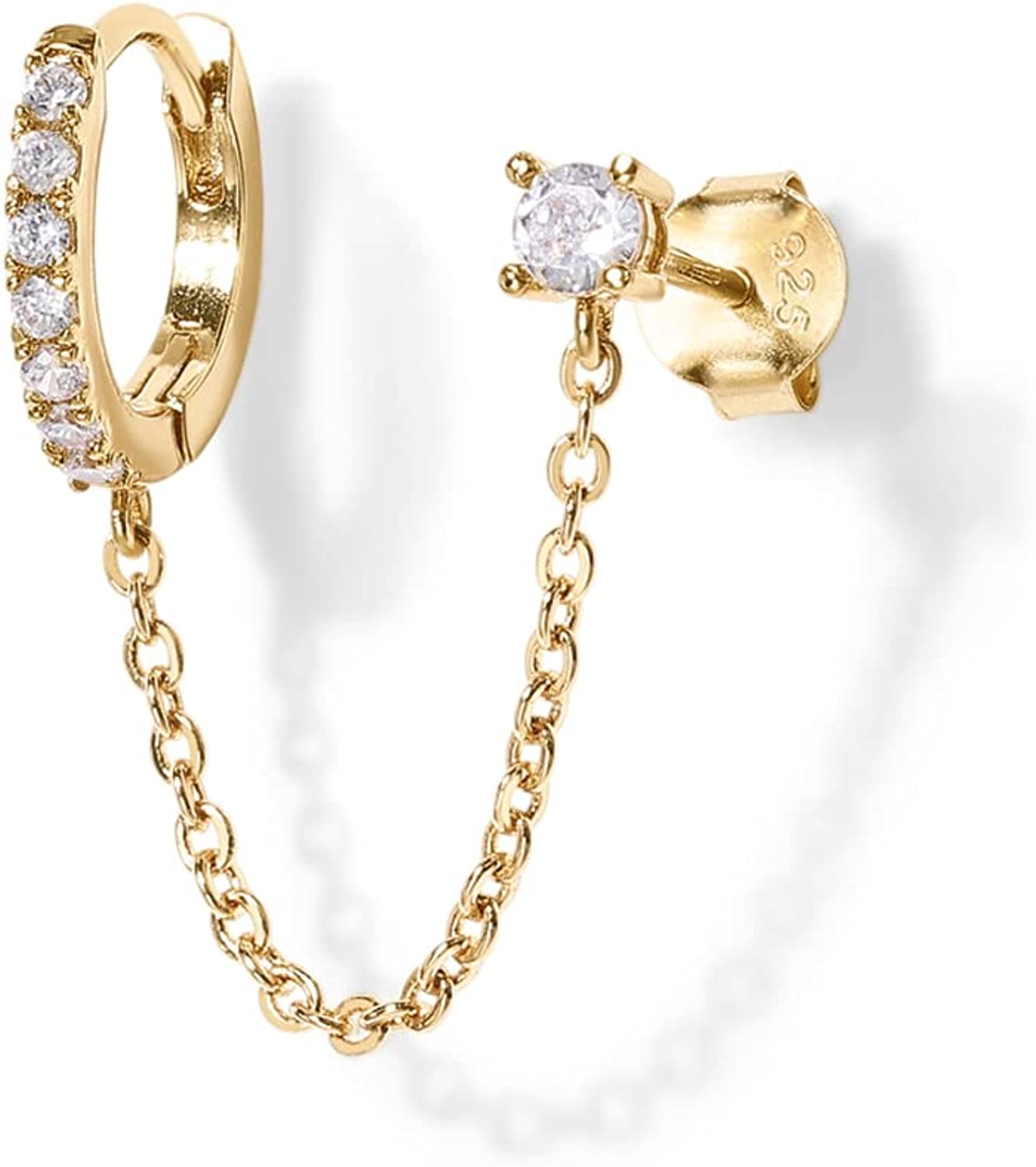 PAVOI 14K Gold Chain Earrings for Women | Double Piercing Dangle Chain Huggie Hoop Earrings | Cubic Zirconia Pearl Stud Earrings for Women