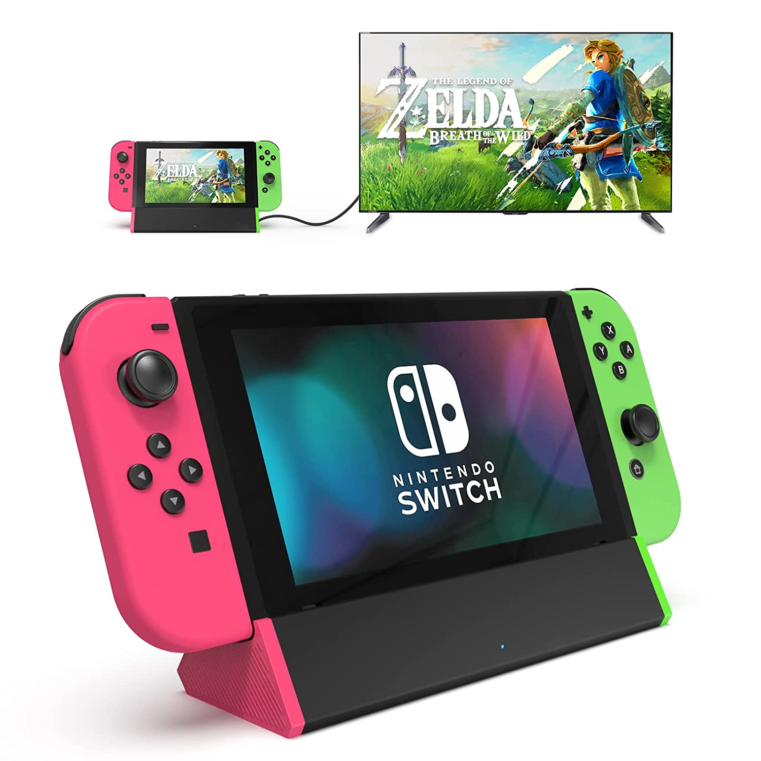 SIWIQU TV Dock Station for Nintendo Switch / Switch OLED, Portable TV Docking Station Replacement with 4K HDMI Adapter/Type C Port/USB Port for Official Nintendo Switch (Pink + Green)