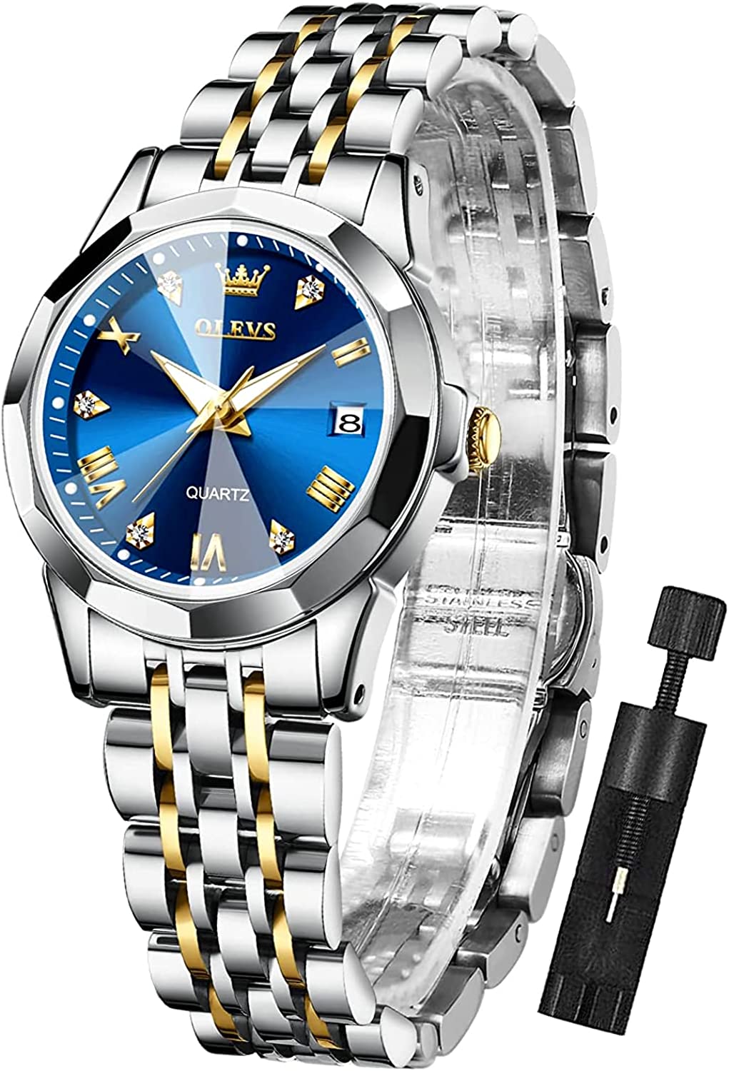 OLEVS Womens Watch Fashion Dress Diamond Female Watches for Ladies Analog Quartz Stainless Steel Waterproof Luminous Day Date Two Tone Wristwatch