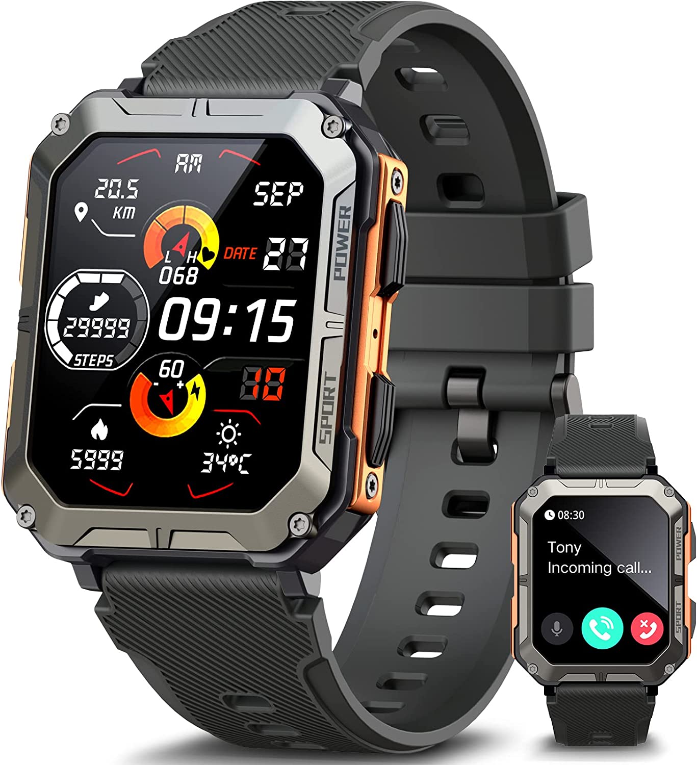 meoonley Military Rugged Smartwatch for Men,Sport Watch with Answer/Make Call IP68 1.83 inch Fitness Tracker Pedometer SpO2 for Outdoor Enthusiasts
