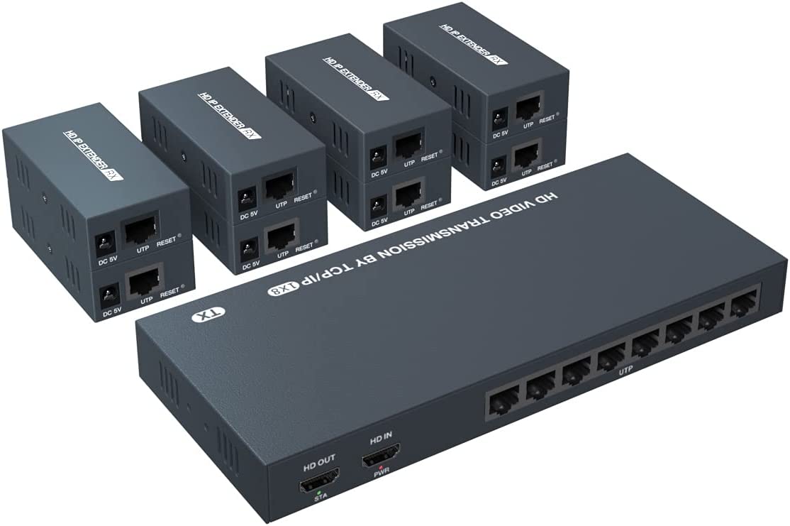 150m HDMI Splitter Extender 1x8 Transmit Remote 1080P Audio Video Over Cat5e/6 Ethernet Mirror 8 Screens Support Loopout Remote 1 in 8 Out for TV