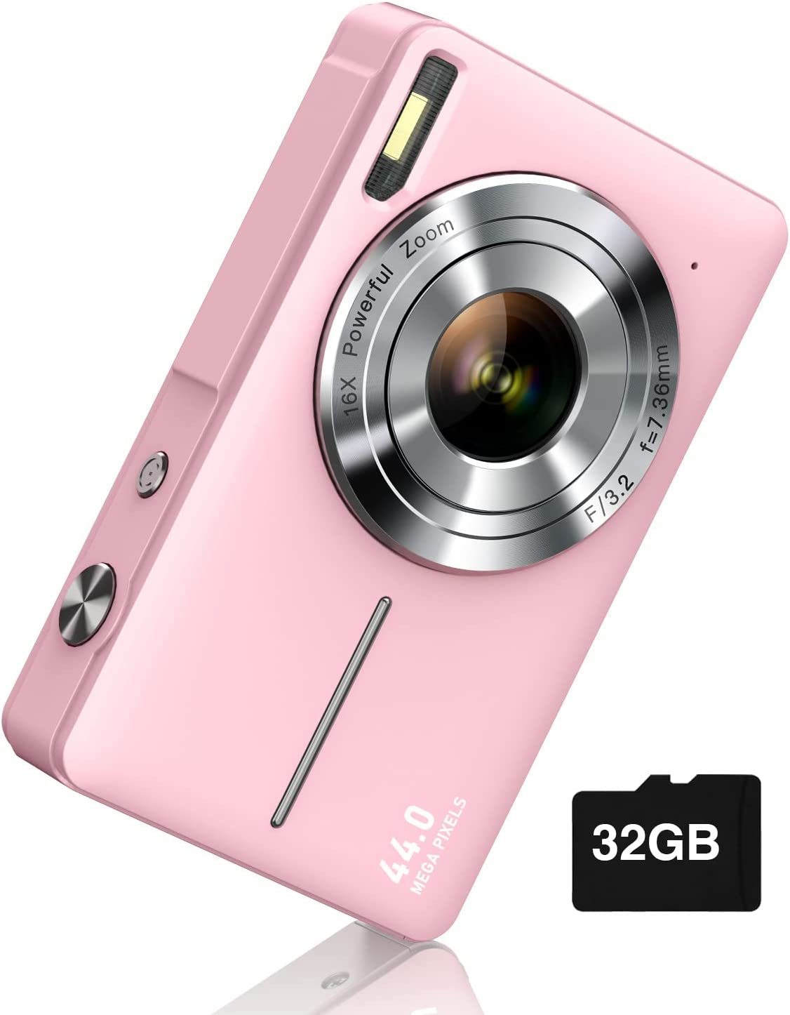 Digital Camera, FHD 1080P Digital Point and Shoot Camera for Kids 44MP Vlogging Camera with Anti Shake 16X Zoom, Compact Kids Camera Small Camera for Boys Girls Teens Students Seniors- Pink