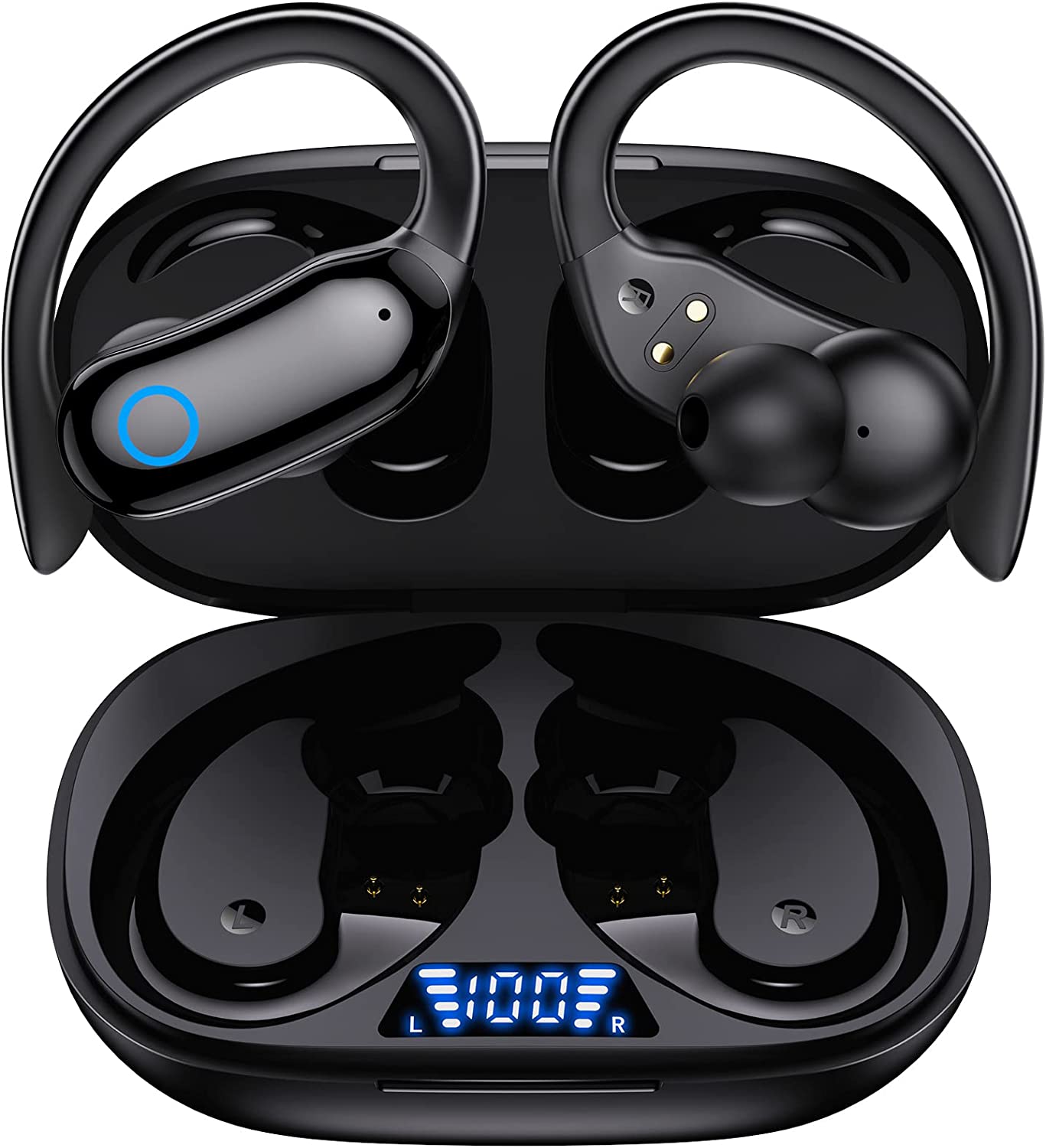 GNMN Bluetooth Headphones Wireless Earbuds 48hrs Playback IPX7 Waterproof Earphones Over-Ear Stereo Bass Headset with Earhooks Microphone LED Battery Display for Sports/Workout/Gym Black