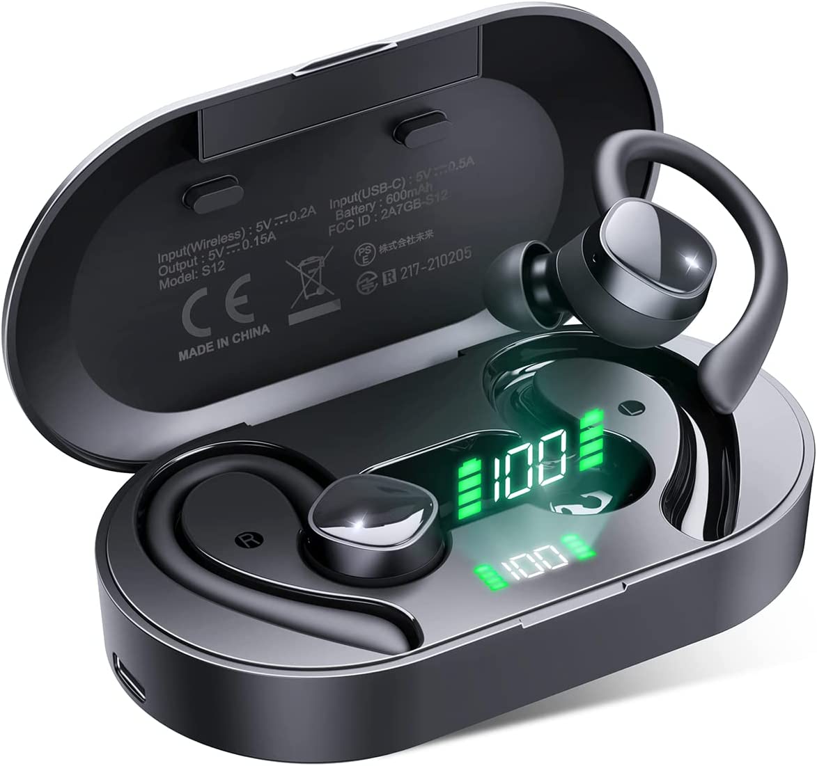 Wireless Earbuds Sports Bluetooth Headphones 4 Mic Clear Calls 60H Playtime Dual LED Power Display Flexible Earhooks Over Ear Buds IPX7 Waterproof in-Ear Earphones for Sports Running, Workout