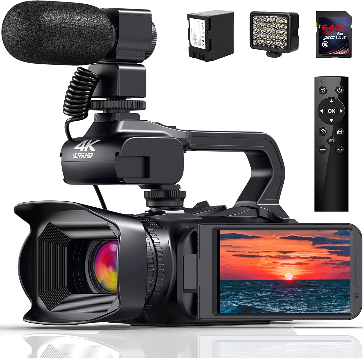 JLANDA 4K Video Camera Camcorder, 64MP 60FPS18X Digital Zoom Auto Focus Vlogging Camera for YouTube, HD WiFi Video Camera with 4500mAh Battery, SD Card, Stabilizer, Mic, Remote Control and Fill Light